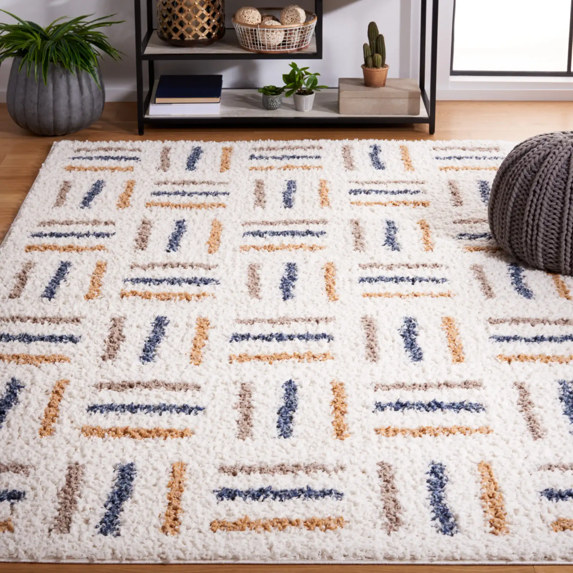 Calico Basketweave Shag Rug in Ivory / Gold in a styled room