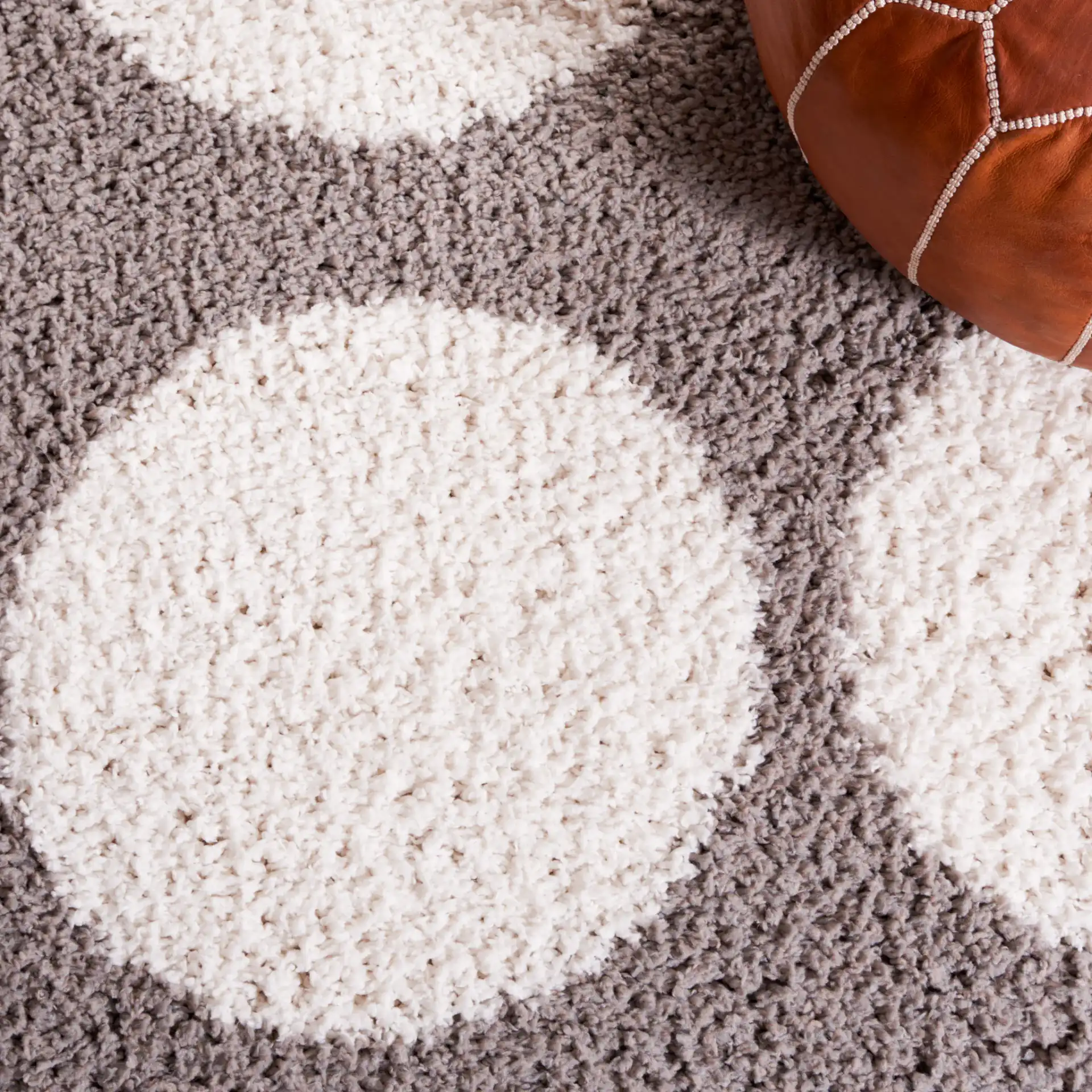 Calico Polka Dot Shag Rug in Gray / Ivory in a styled room