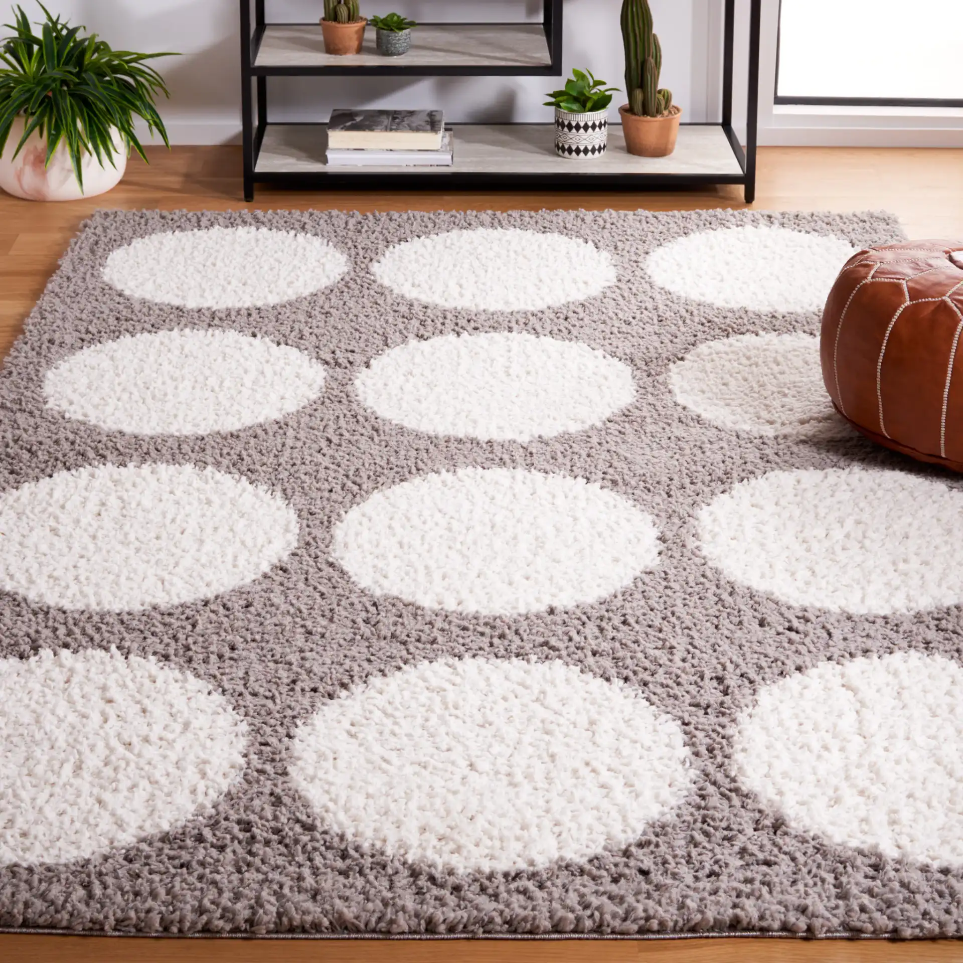 Calico Polka Dot Shag Rug in Gray / Ivory in a styled room