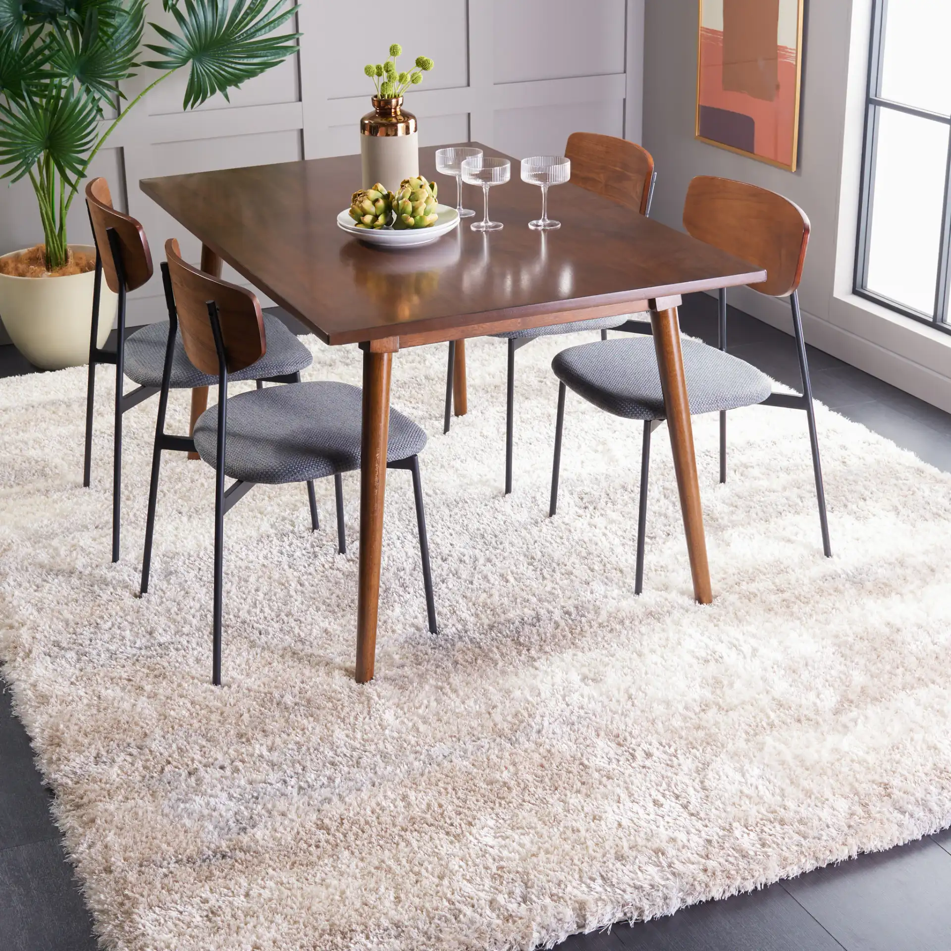 Cloud Abstract Shag Rug in Ivory / Gray in a styled room
