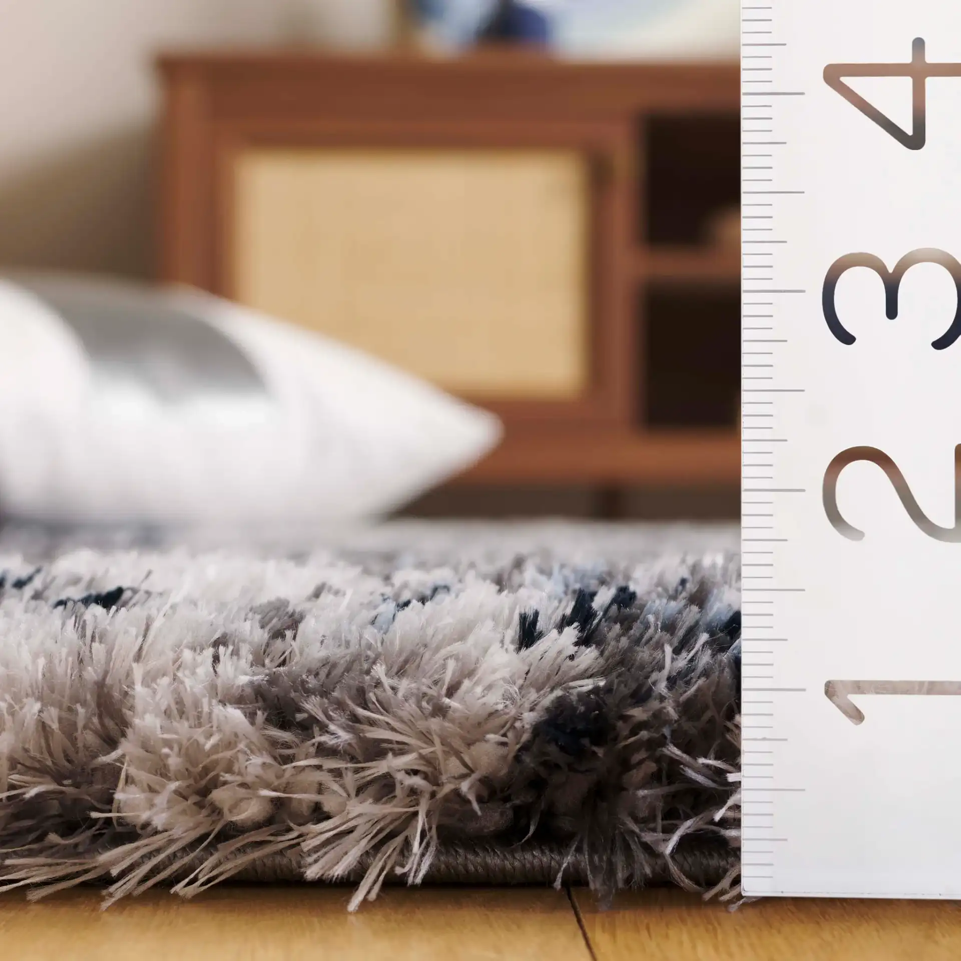 Cloud Mottled Shag Rug in Gray / Blue in a styled room