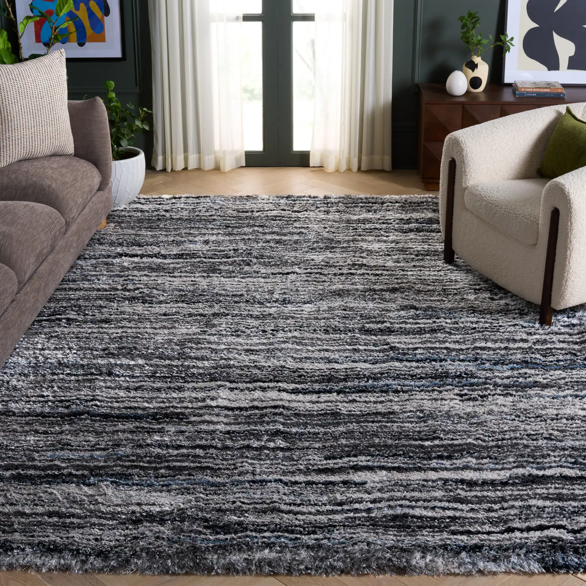 Cloud Striped Shag Rug in Gray / Blue in a styled room