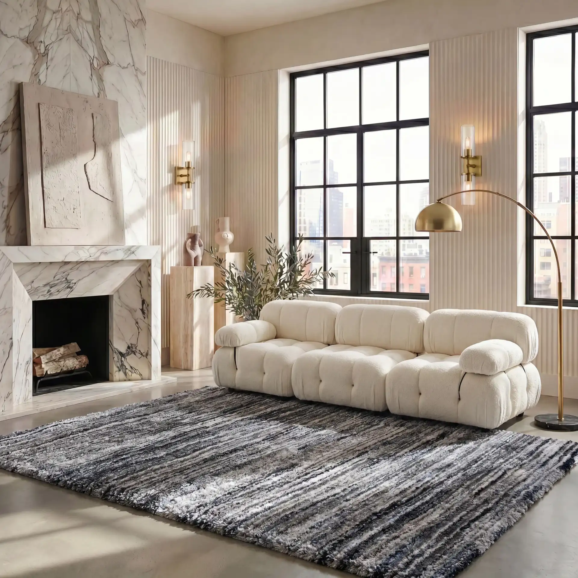Cloud Striped Shag Rug in Gray / Blue in a styled room
