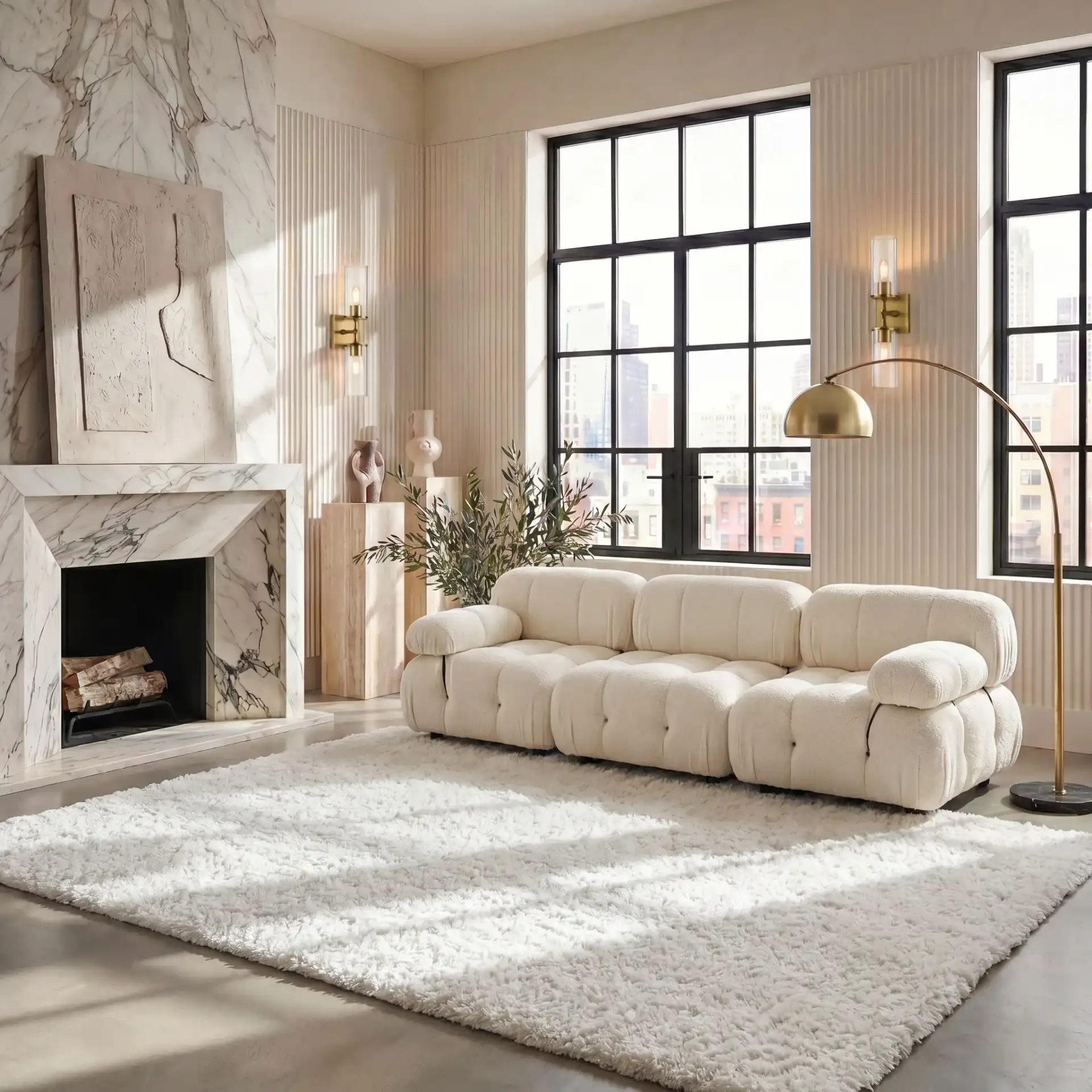 Cloud Solid Shag Rug in White in a styled room