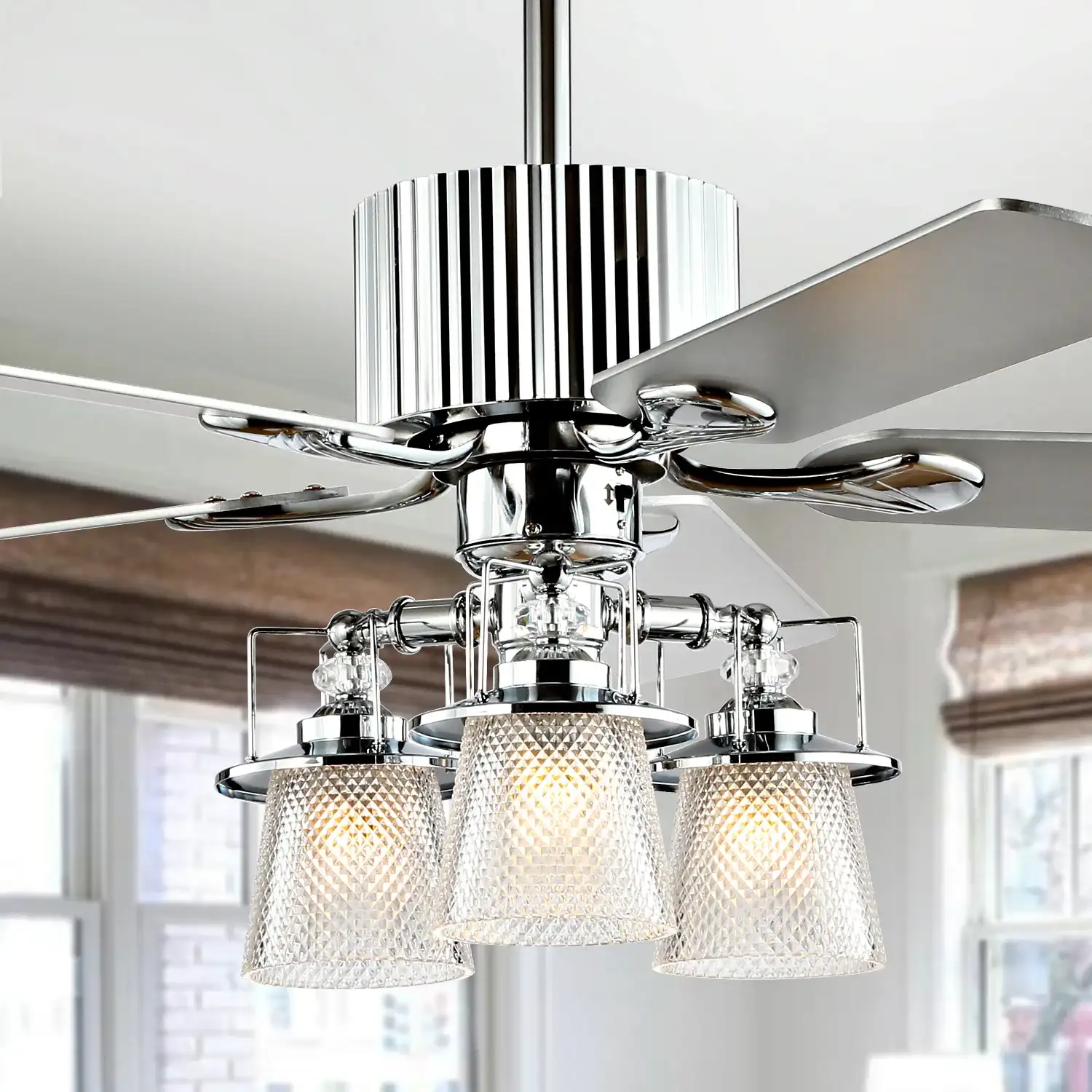 Parlin Three-Light Ceiling Fan in Chrome in a styled room
