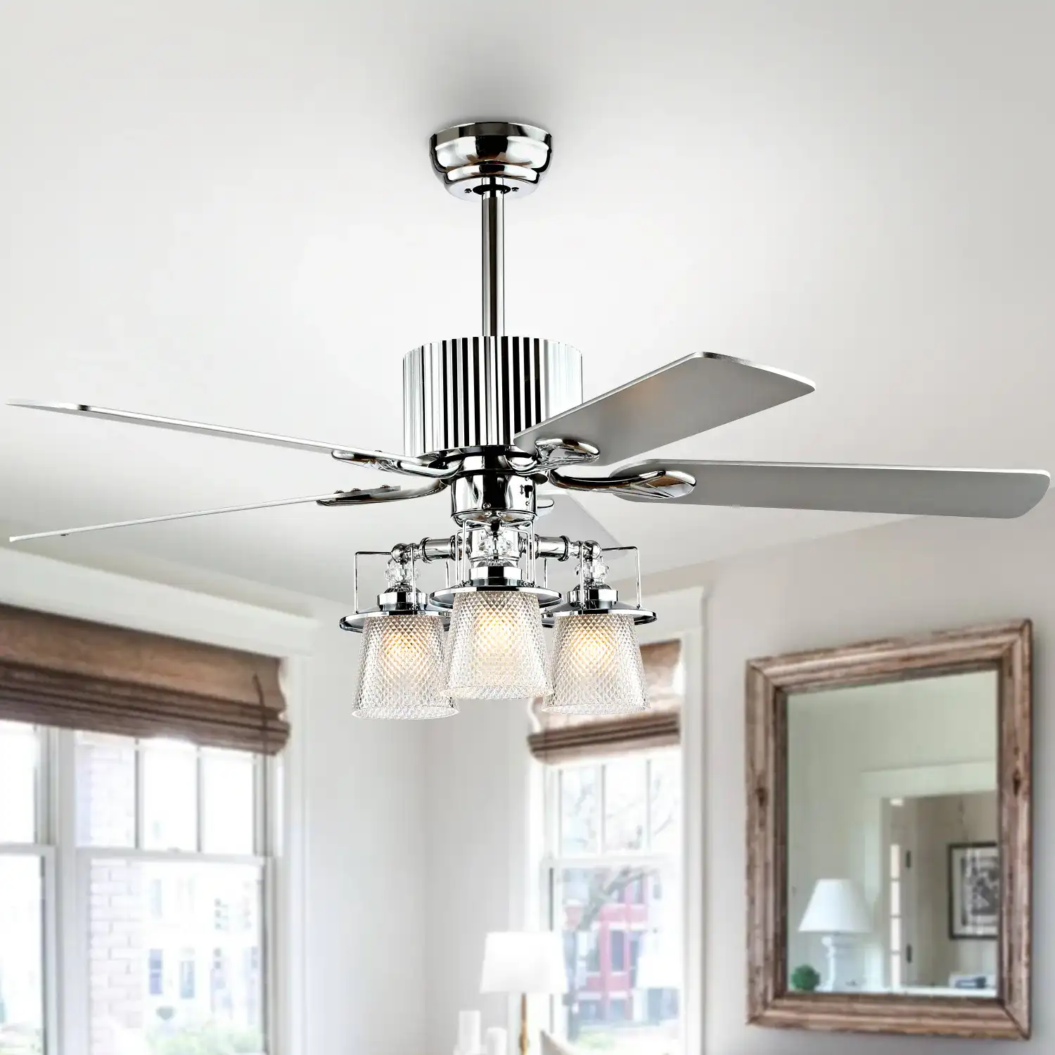 Parlin Three-Light Ceiling Fan in Chrome in a styled room