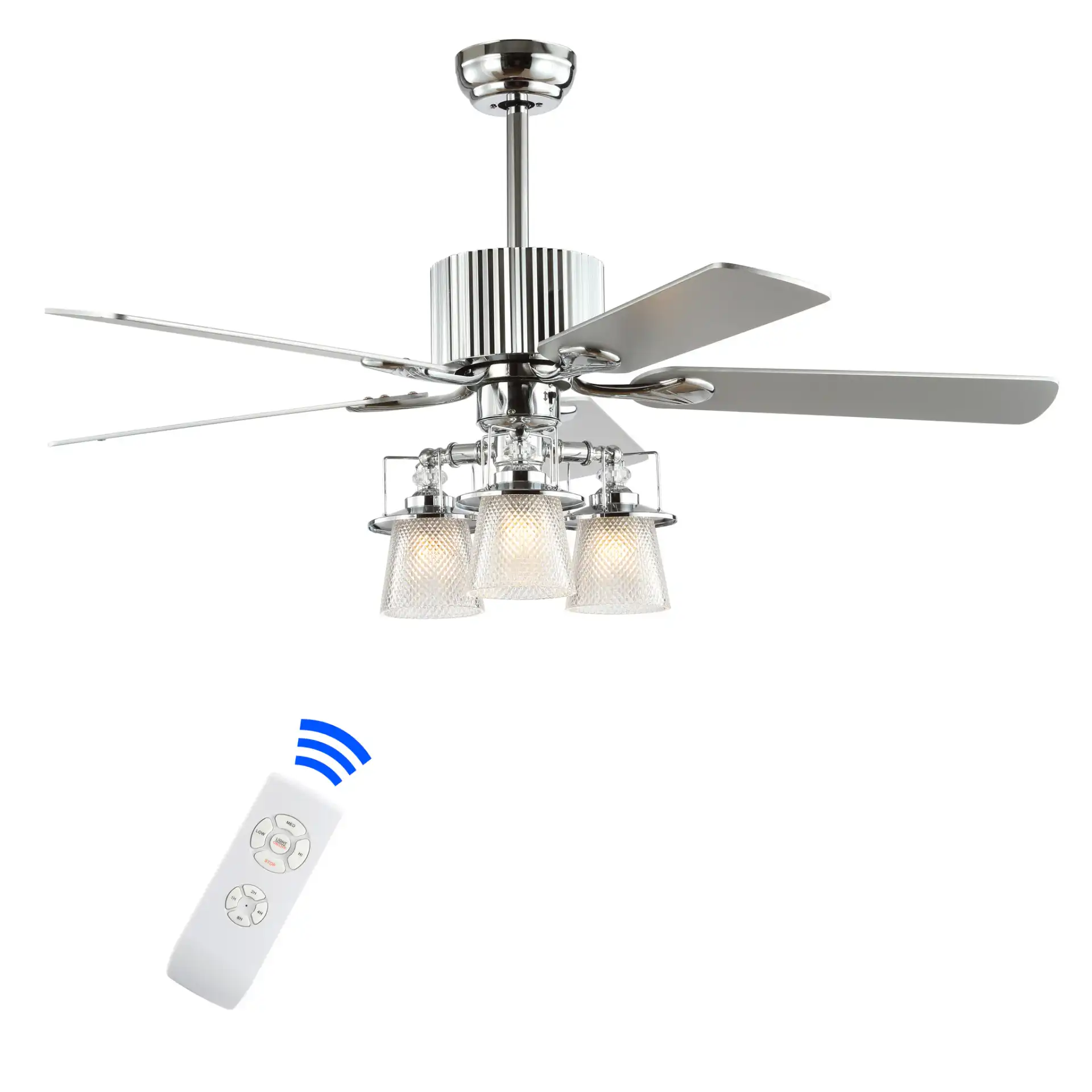 Parlin Three-Light Ceiling Fan in Chrome, detail view