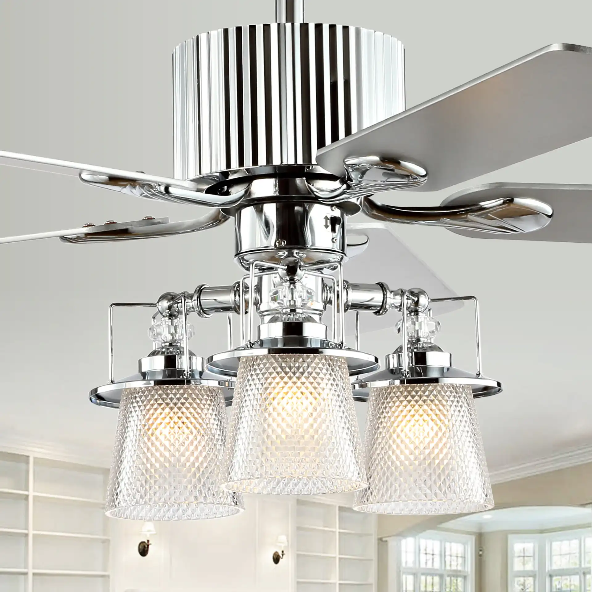 Parlin Three-Light Ceiling Fan in Chrome in a styled room