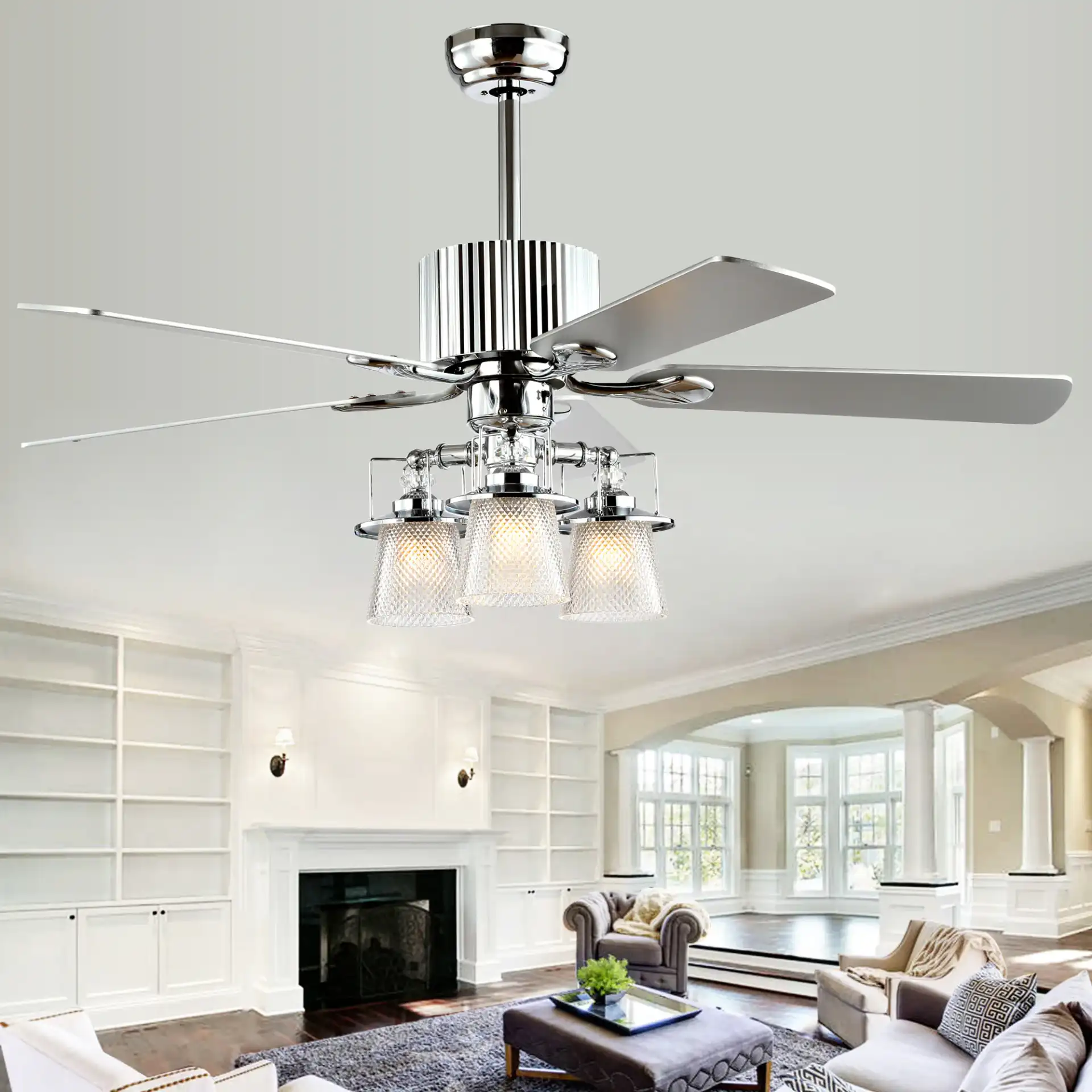 Parlin Three-Light Ceiling Fan in Chrome in a styled room