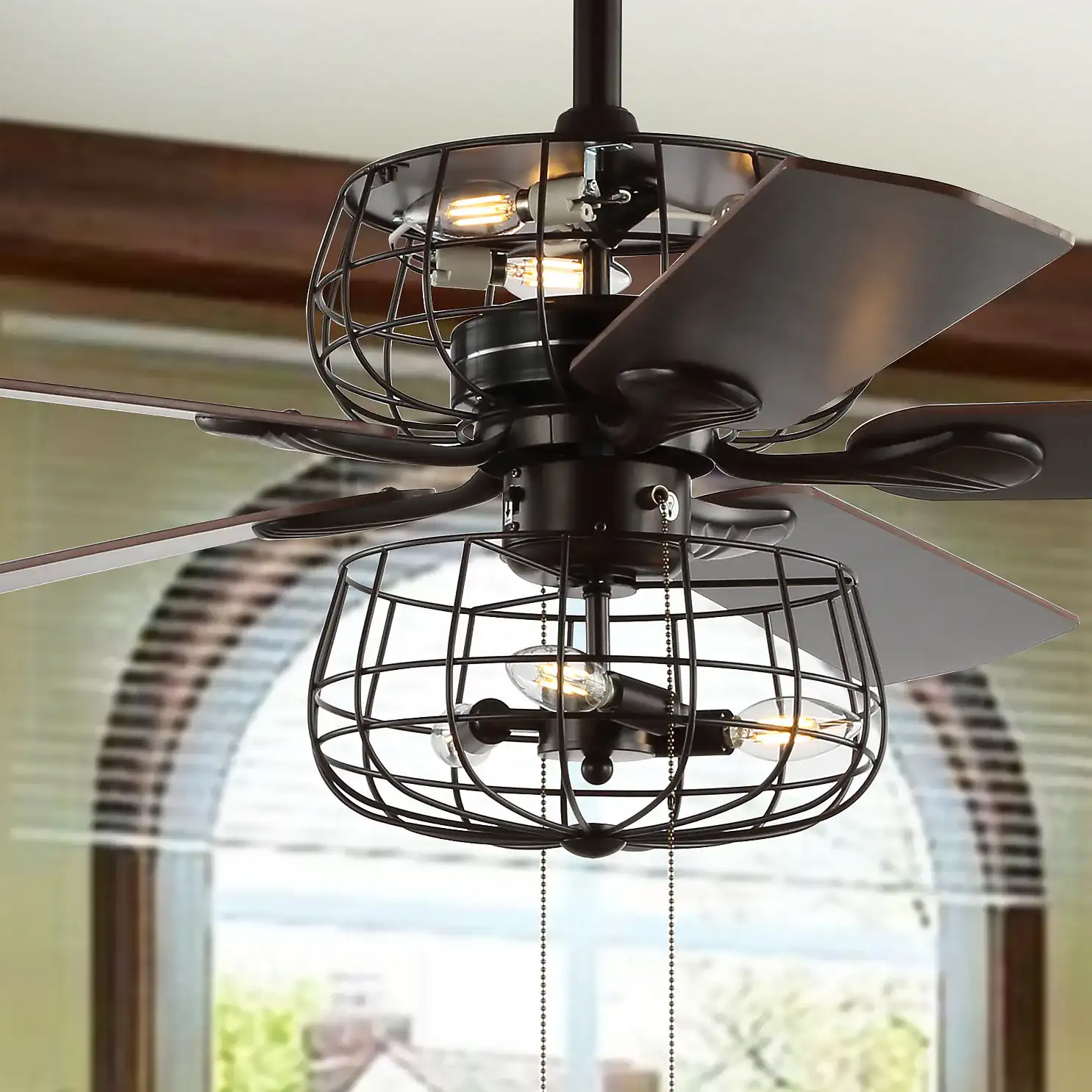 Erving Six-Light Ceiling Fan in Brown in a styled room