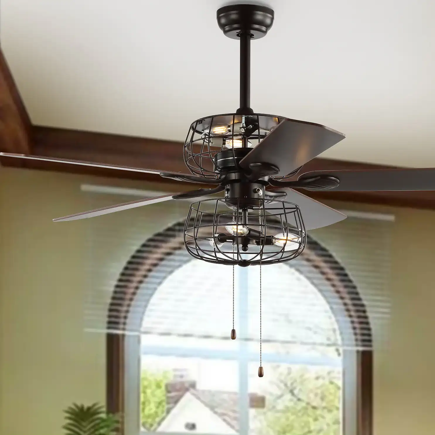 Erving Six-Light Ceiling Fan in Brown in a styled room