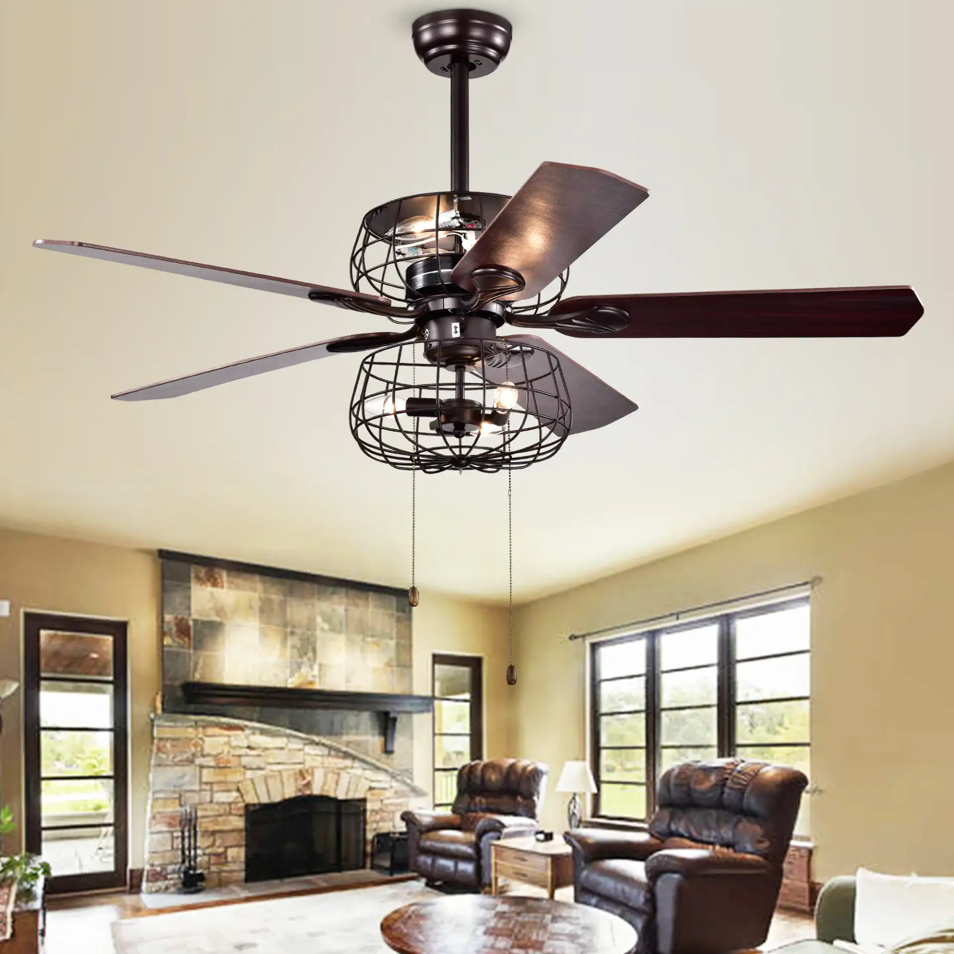 Erving Six-Light Ceiling Fan in Brown in a styled room