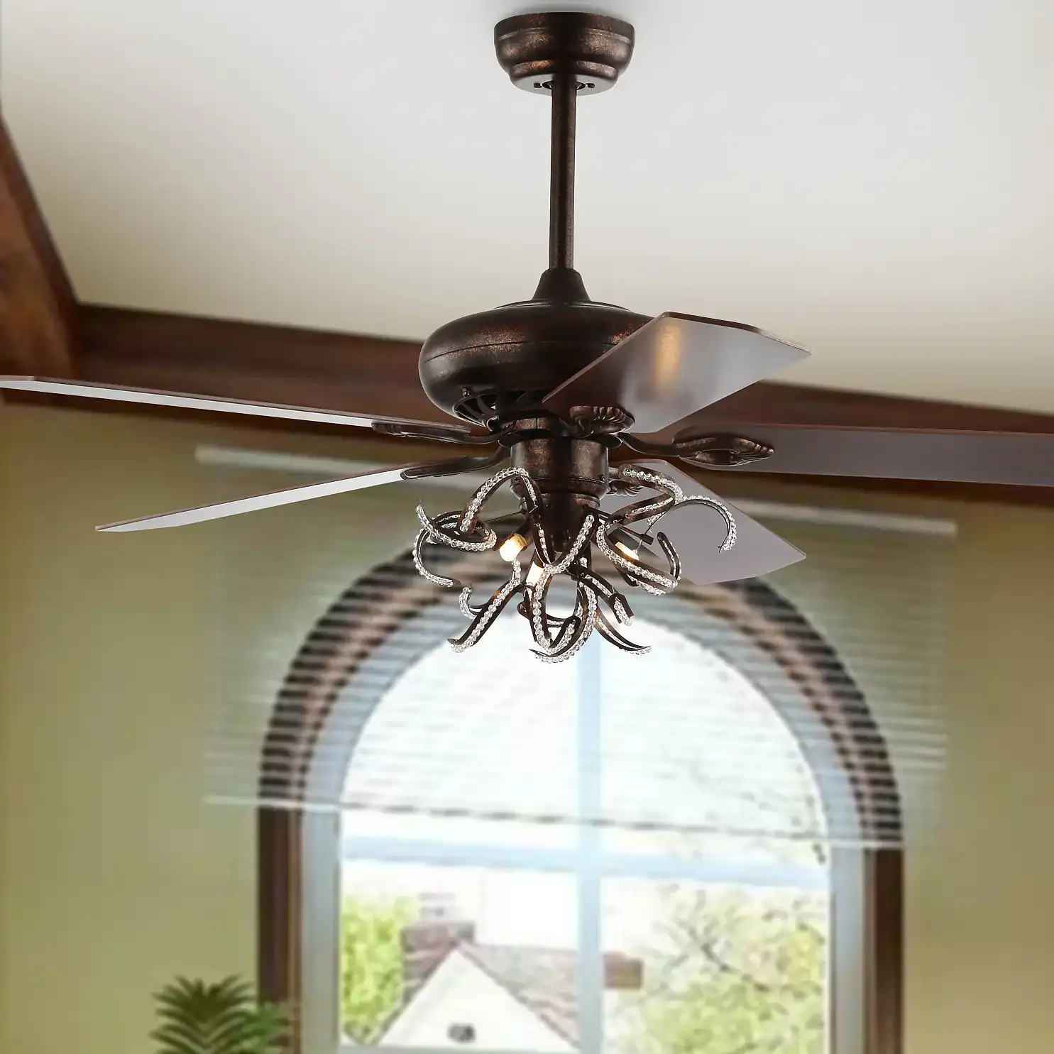 Sensa Ceiling Fan in Rustic Brown in a styled room