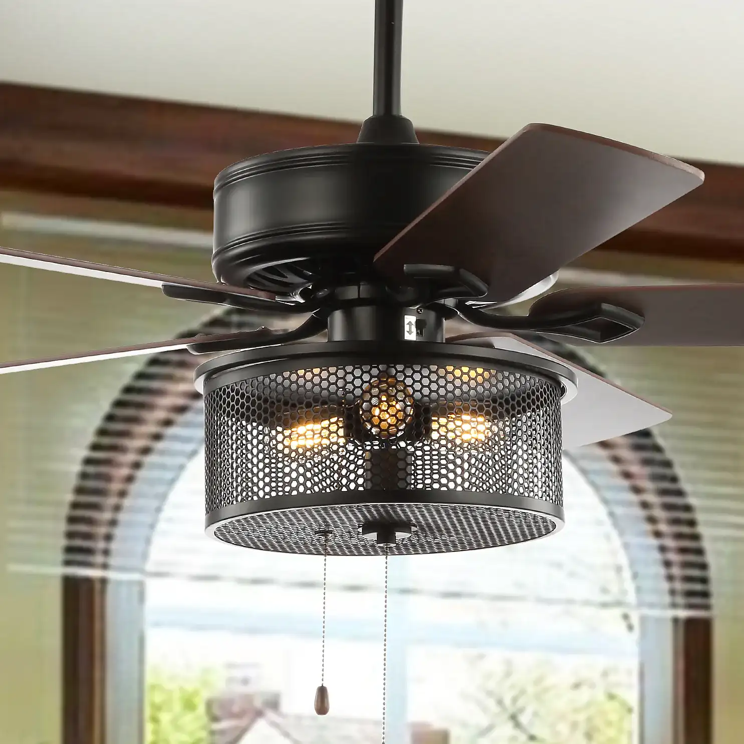Fredrik Three-Light Ceiling Fan in Black in a styled room