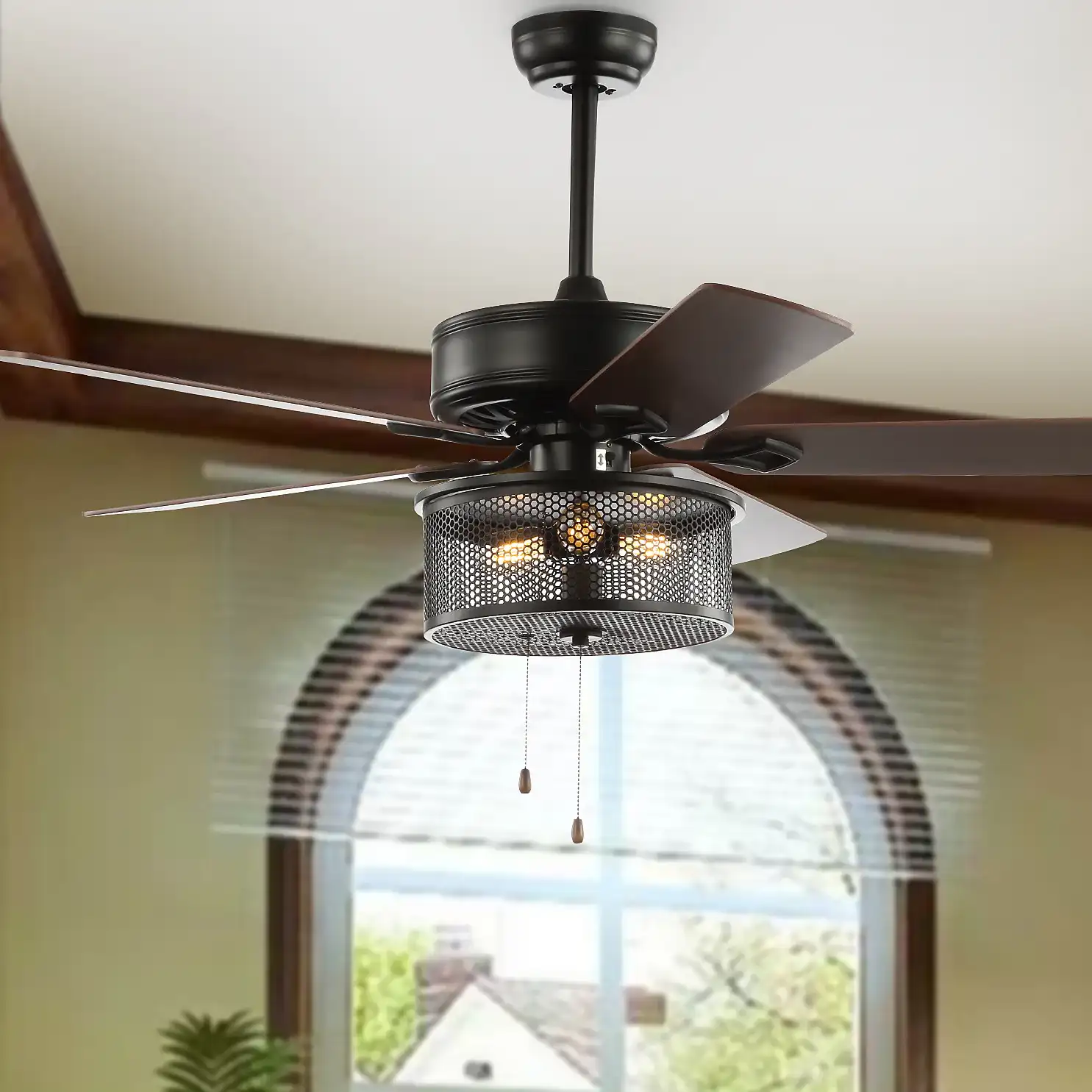 Fredrik Three-Light Ceiling Fan in Black in a styled room