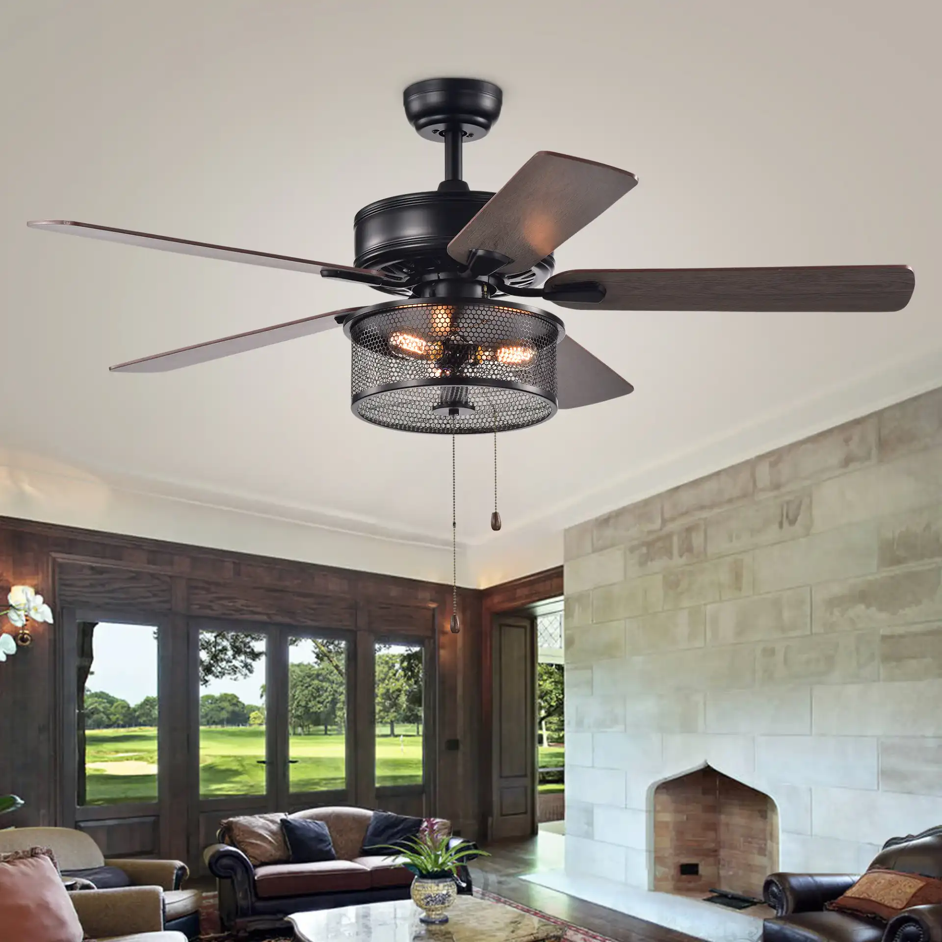 Fredrik Three-Light Ceiling Fan in Black in a styled room
