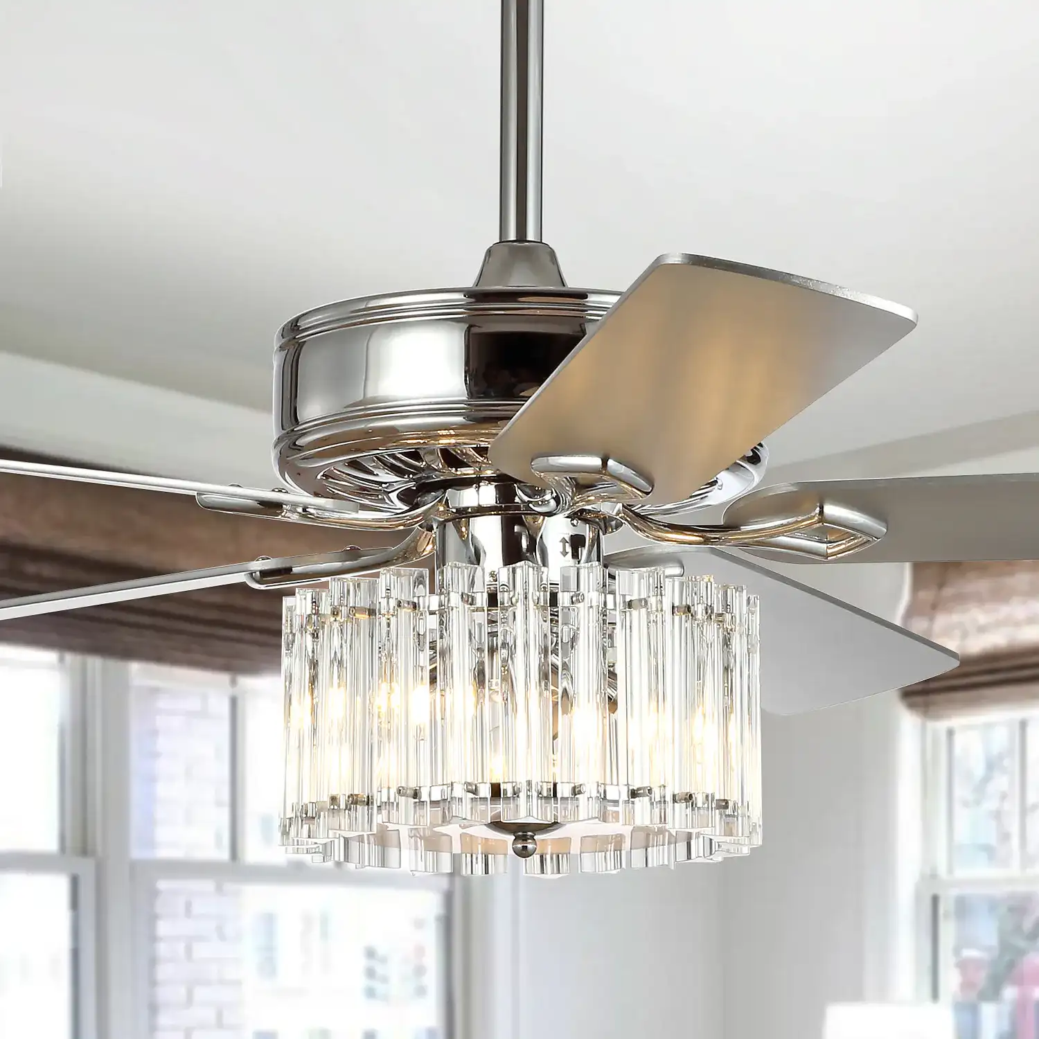 Dresher Ceiling Fan in Chrome in a styled room