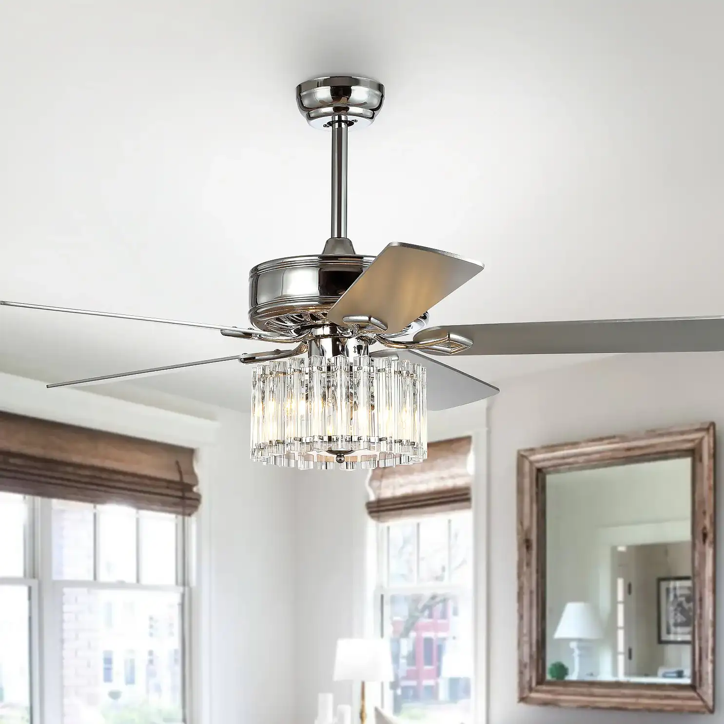Dresher Ceiling Fan in Chrome in a styled room