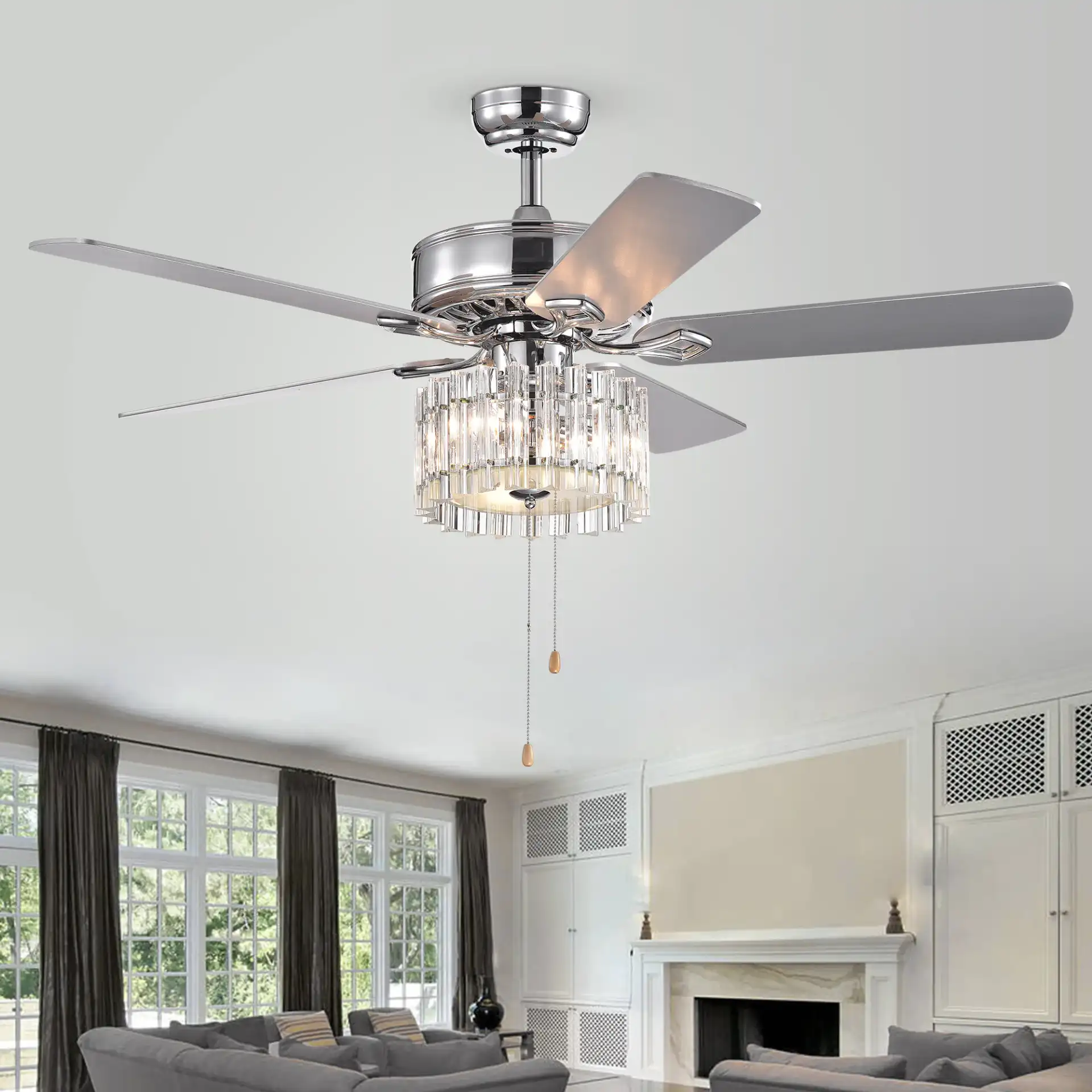 Dresher Ceiling Fan in Chrome in a styled room