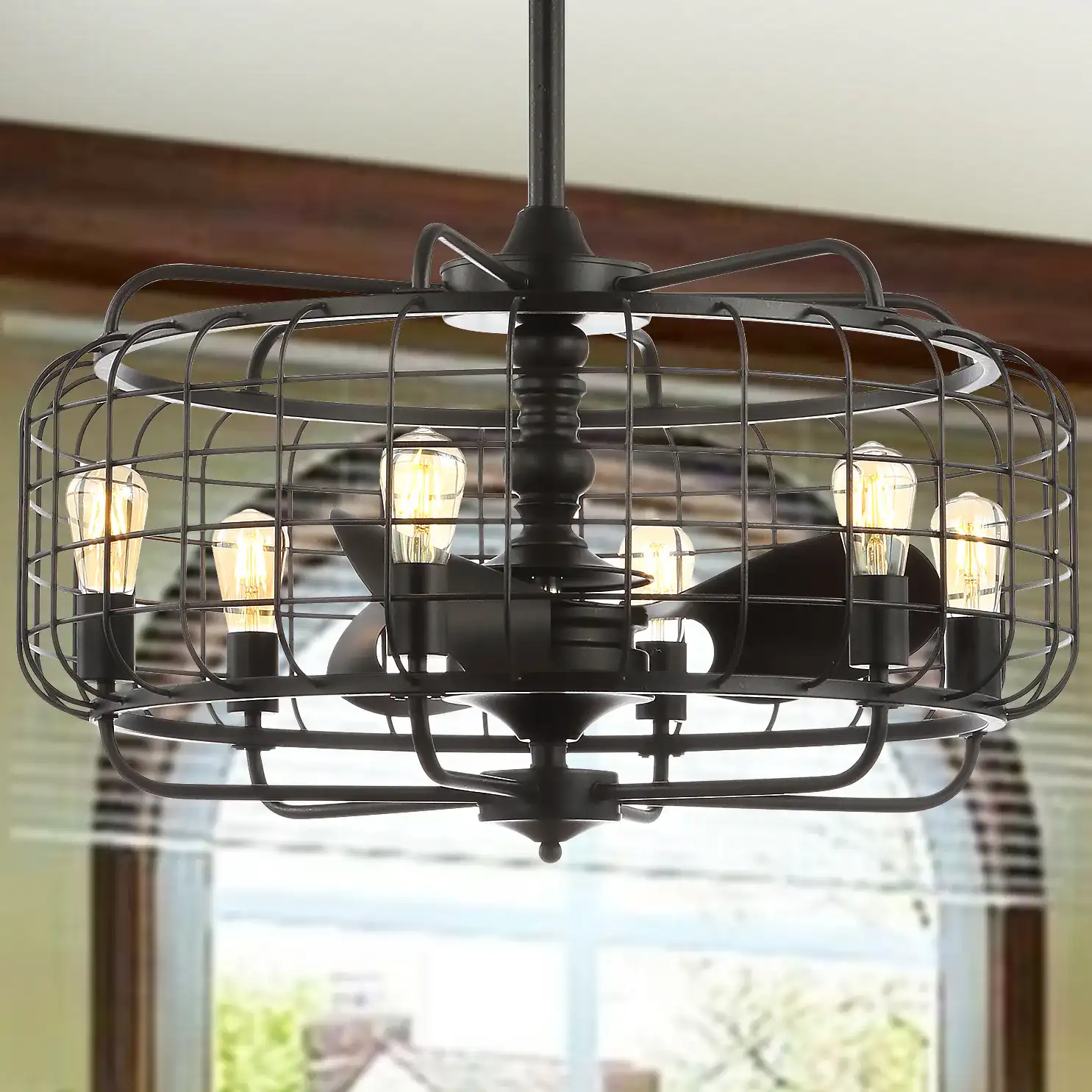 Larsin Six-Light Ceiling Fan in Black in a styled room