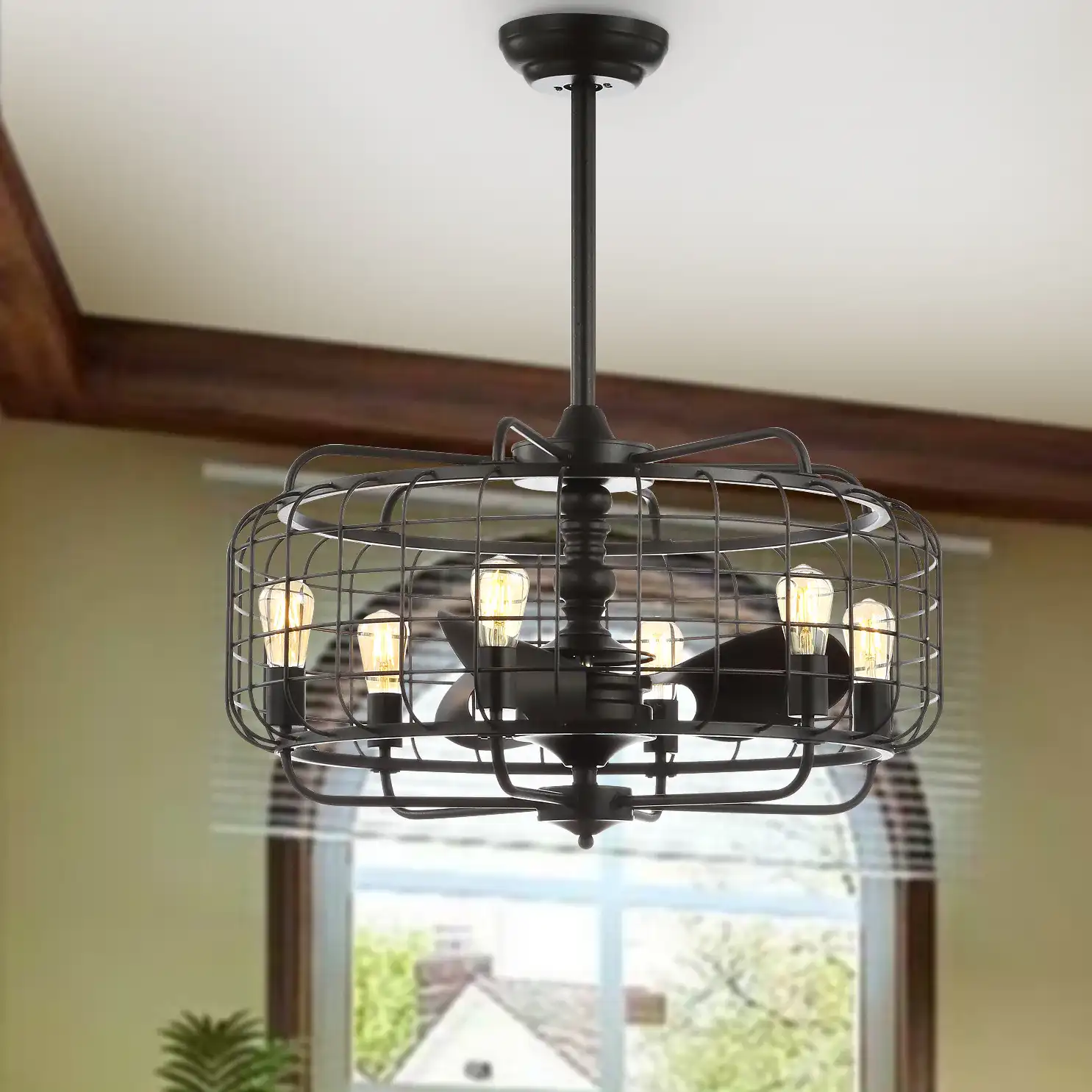 Larsin Six-Light Ceiling Fan in Black in a styled room
