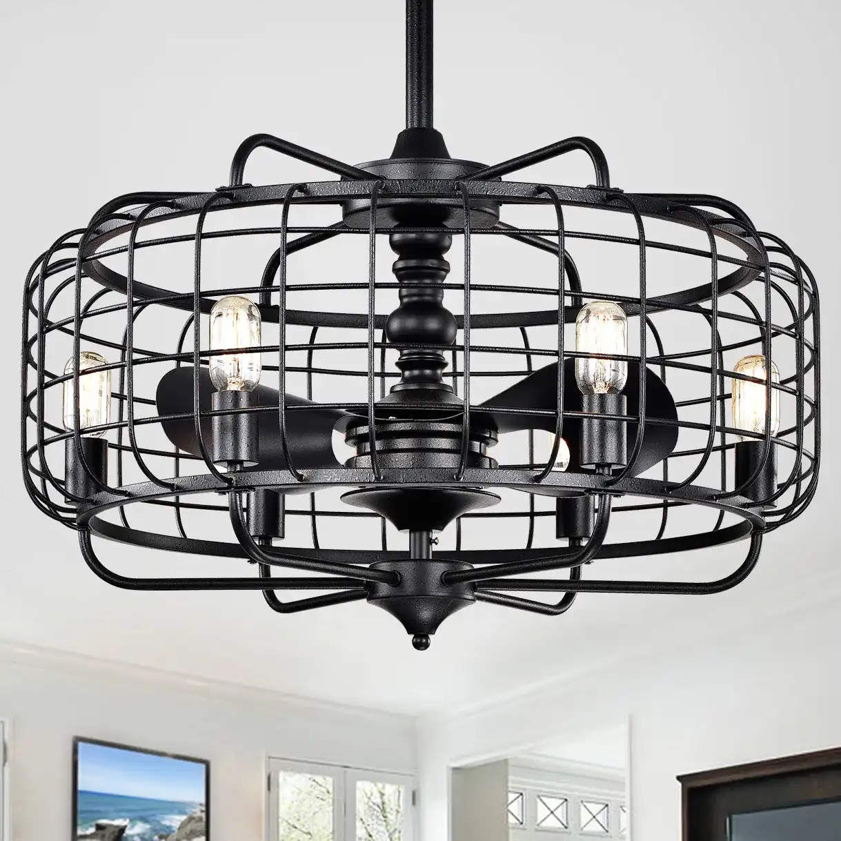 Larsin Six-Light Ceiling Fan in Black in a styled room