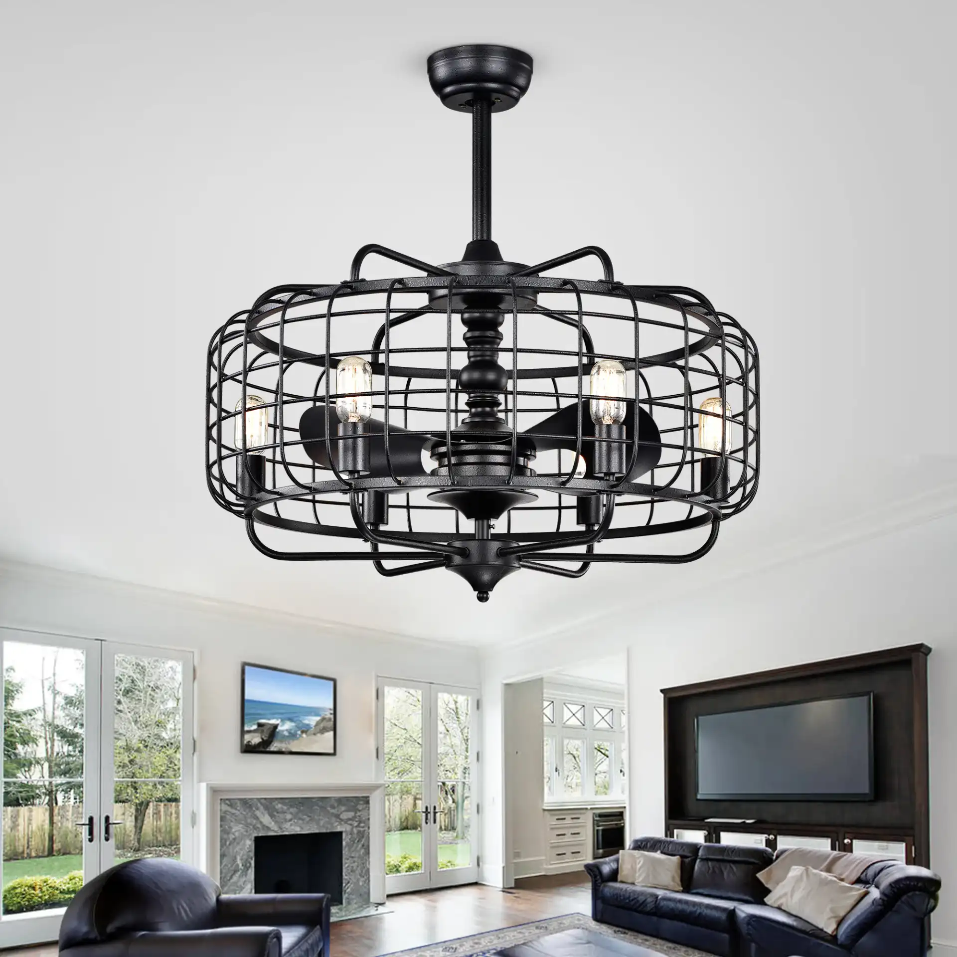 Larsin Six-Light Ceiling Fan in Black in a styled room