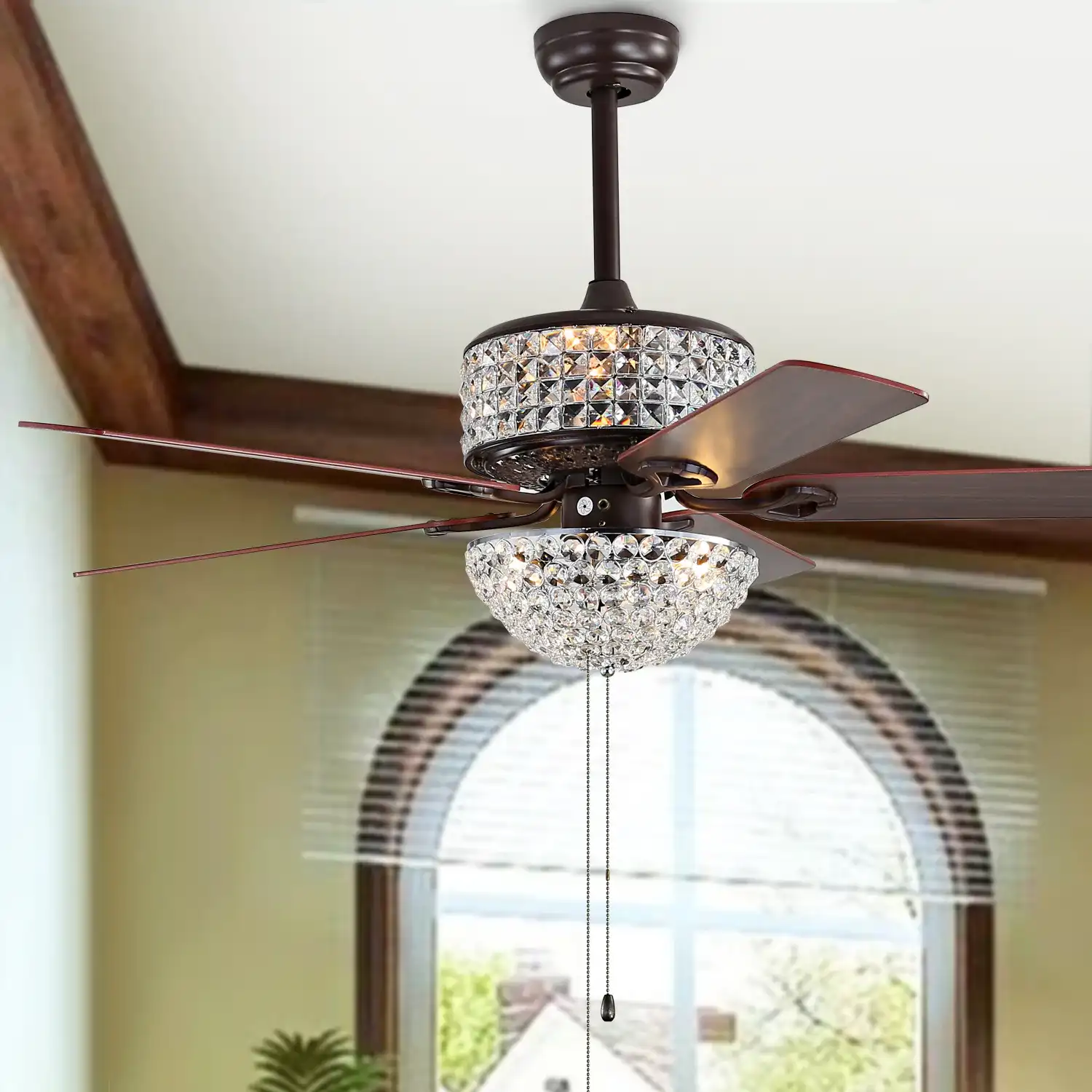 Nori Six-Light Ceiling Fan in Oil Rub Bronze in a styled room