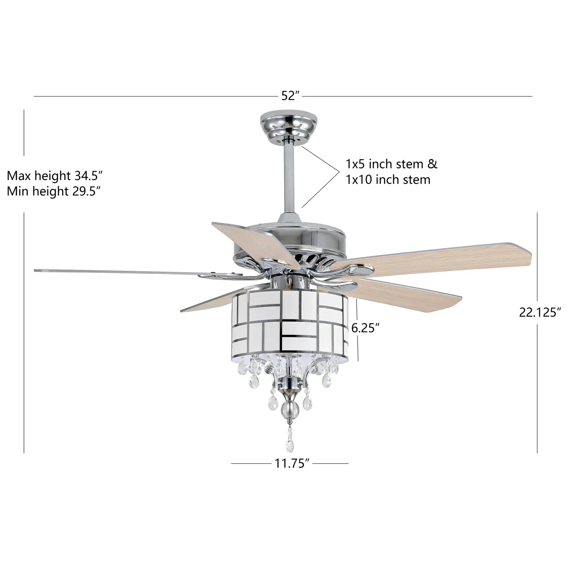 Fint Three-Light Ceiling Fan in Chrome, detail view