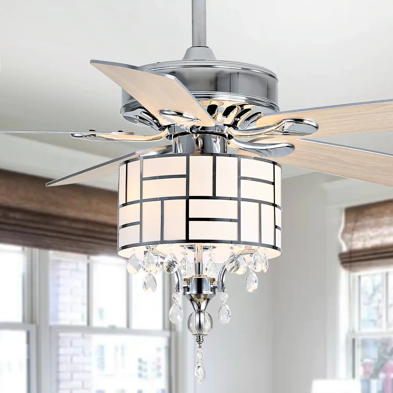 Fint Three-Light Ceiling Fan in Chrome in a styled room