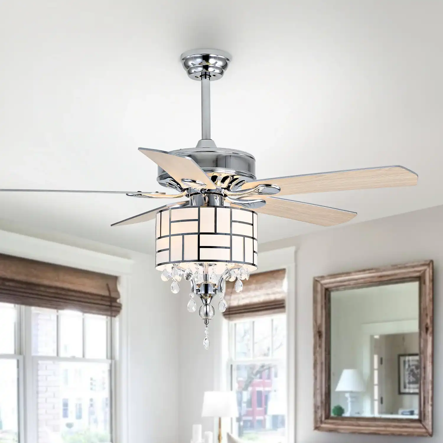 Fint Three-Light Ceiling Fan in Chrome in a styled room