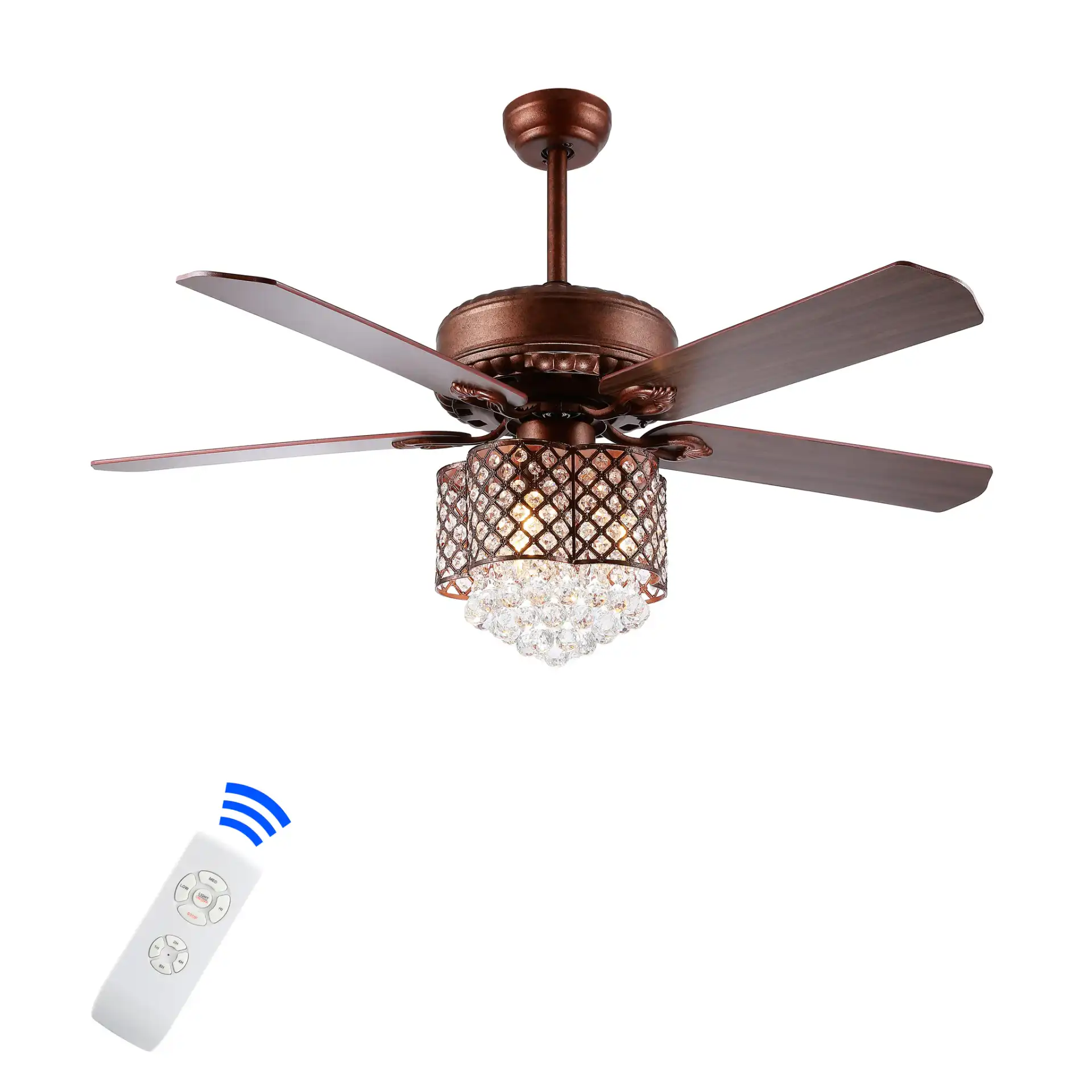 Kelso Three-Light Ceiling Fan in Bronze, detail view