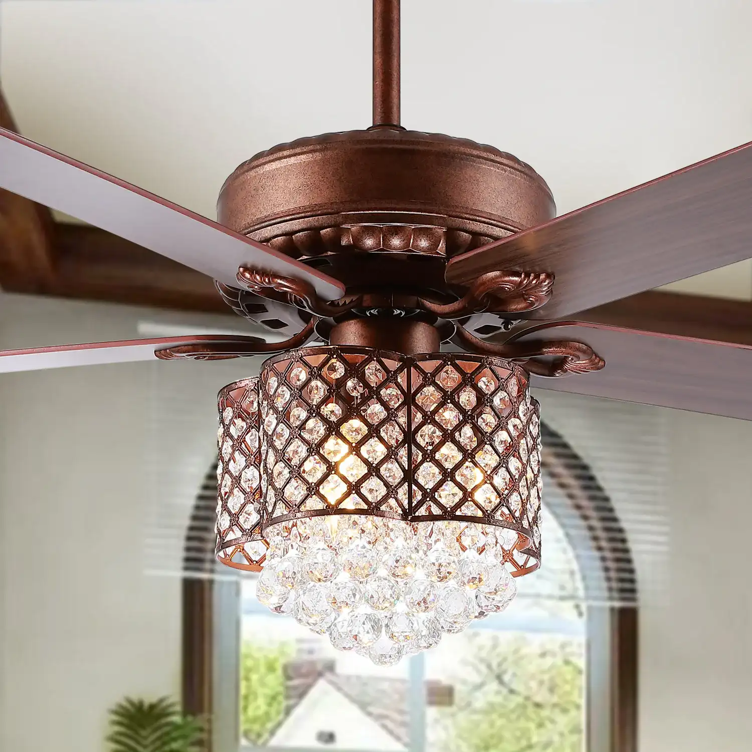 Kelso Three-Light Ceiling Fan in Bronze in a styled room
