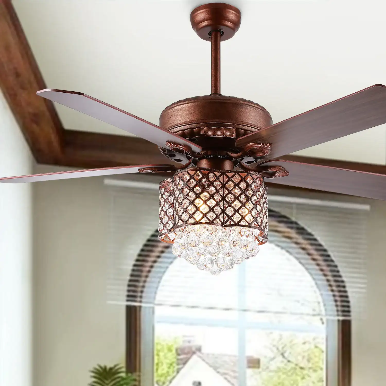 Kelso Three-Light Ceiling Fan in Bronze in a styled room