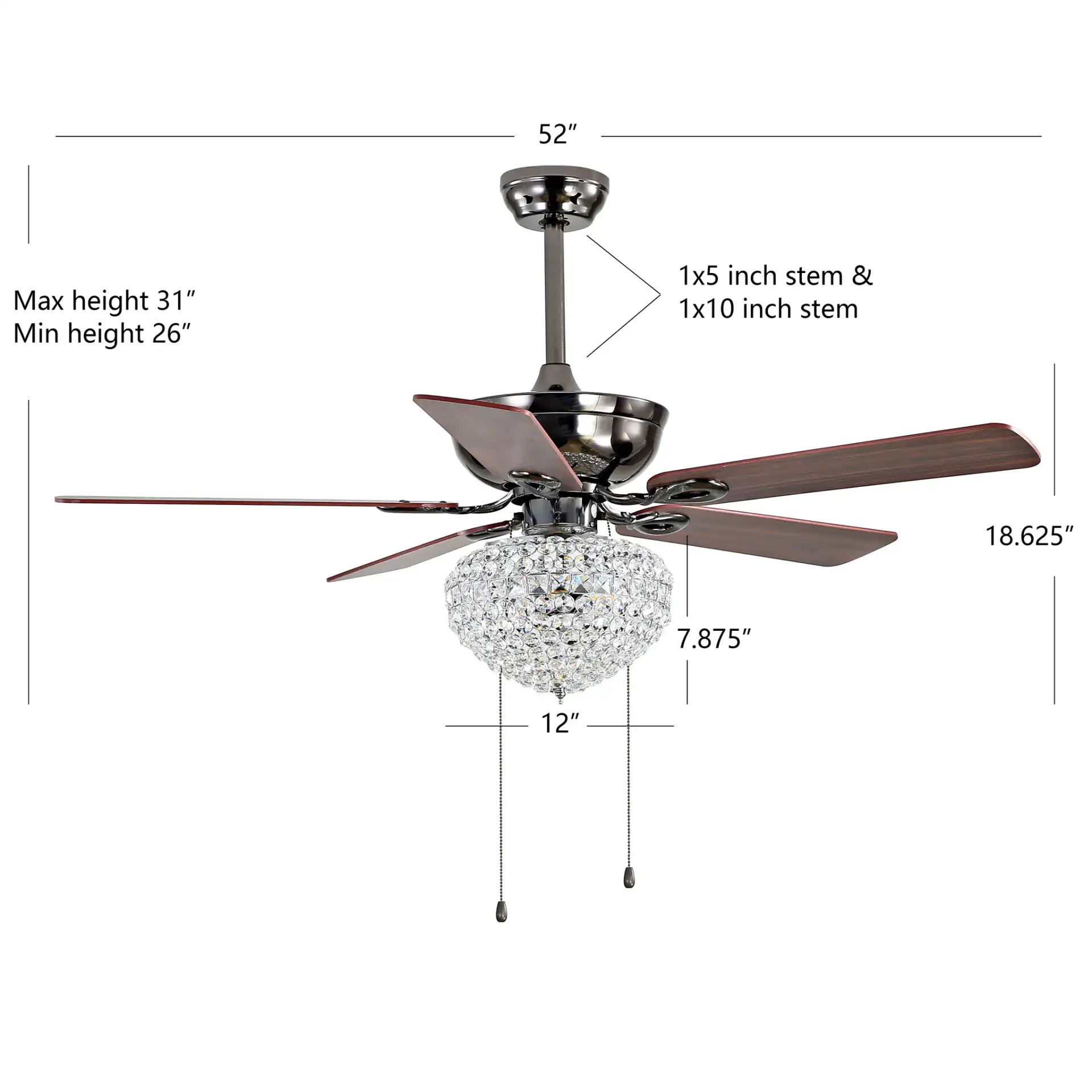 Korla Three-Light Ceiling Fan in Chrome, detail view