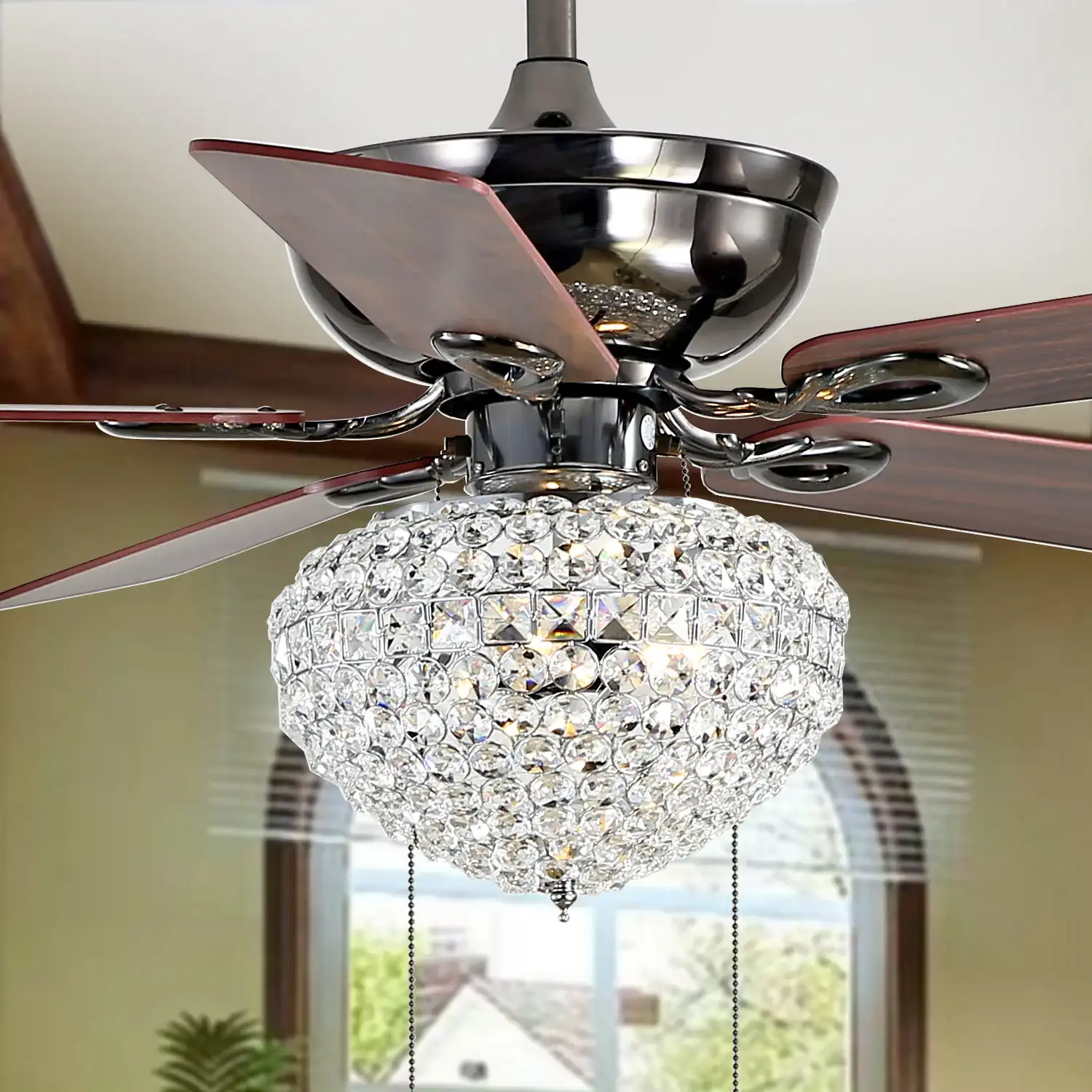 Korla Three-Light Ceiling Fan in Chrome in a styled room