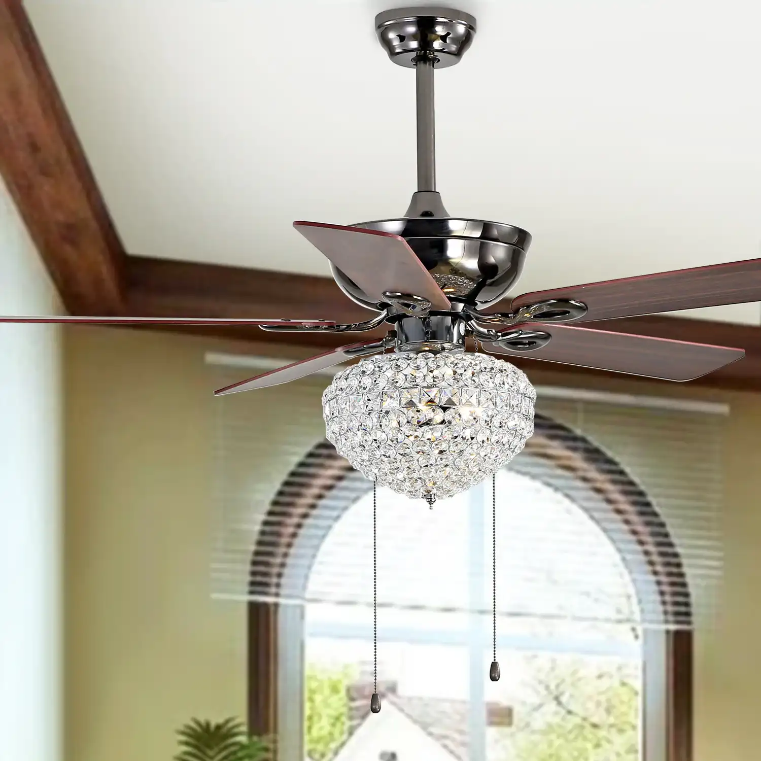 Korla Three-Light Ceiling Fan in Chrome in a styled room