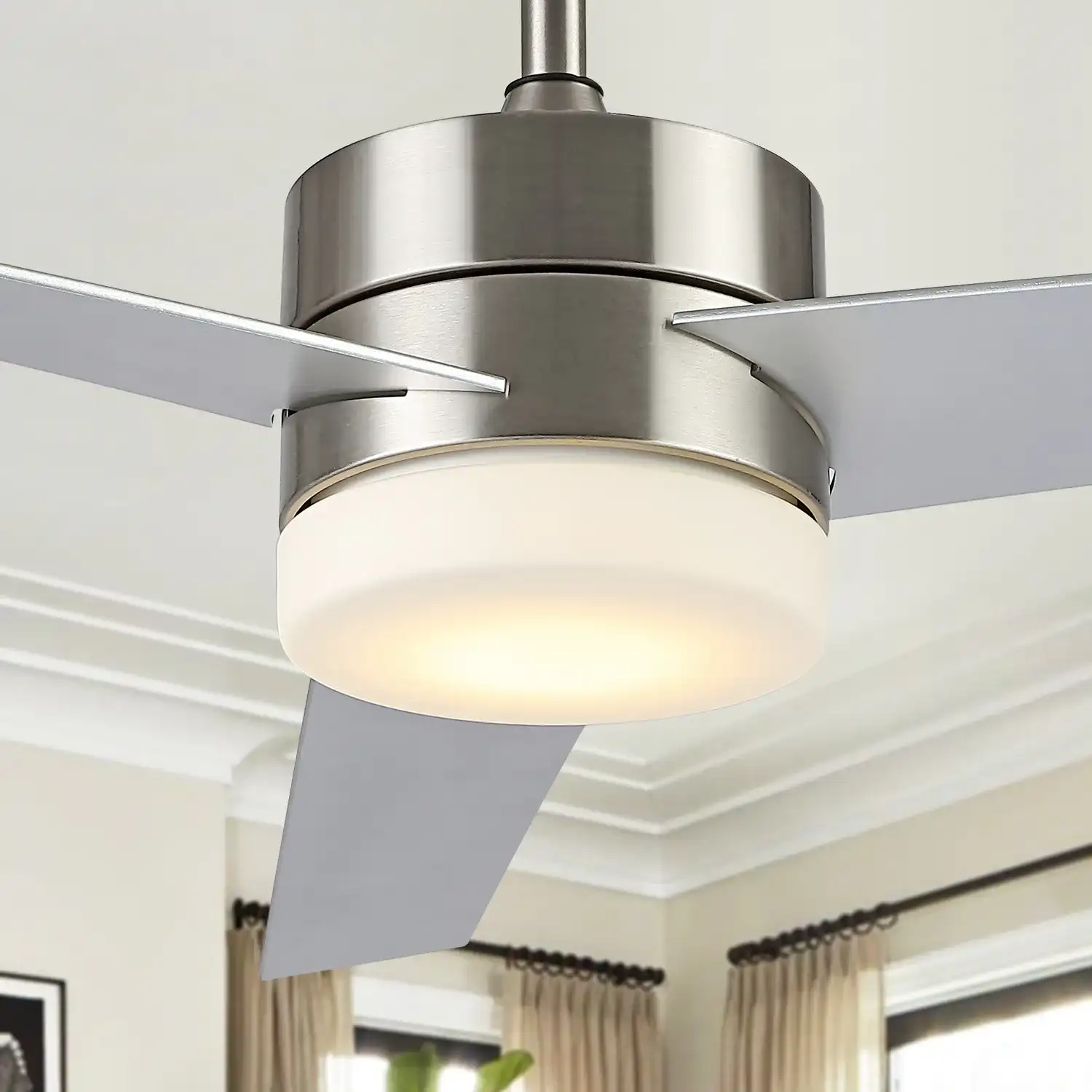 Radcliff Led Ceiling Fan in Nickle in a styled room