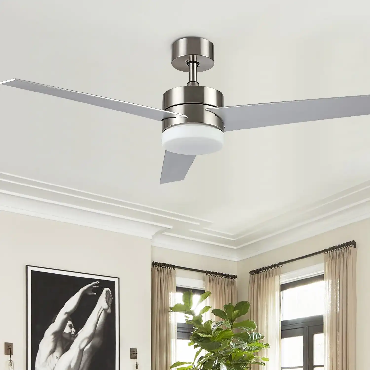 Radcliff Led Ceiling Fan in Nickle in a styled room