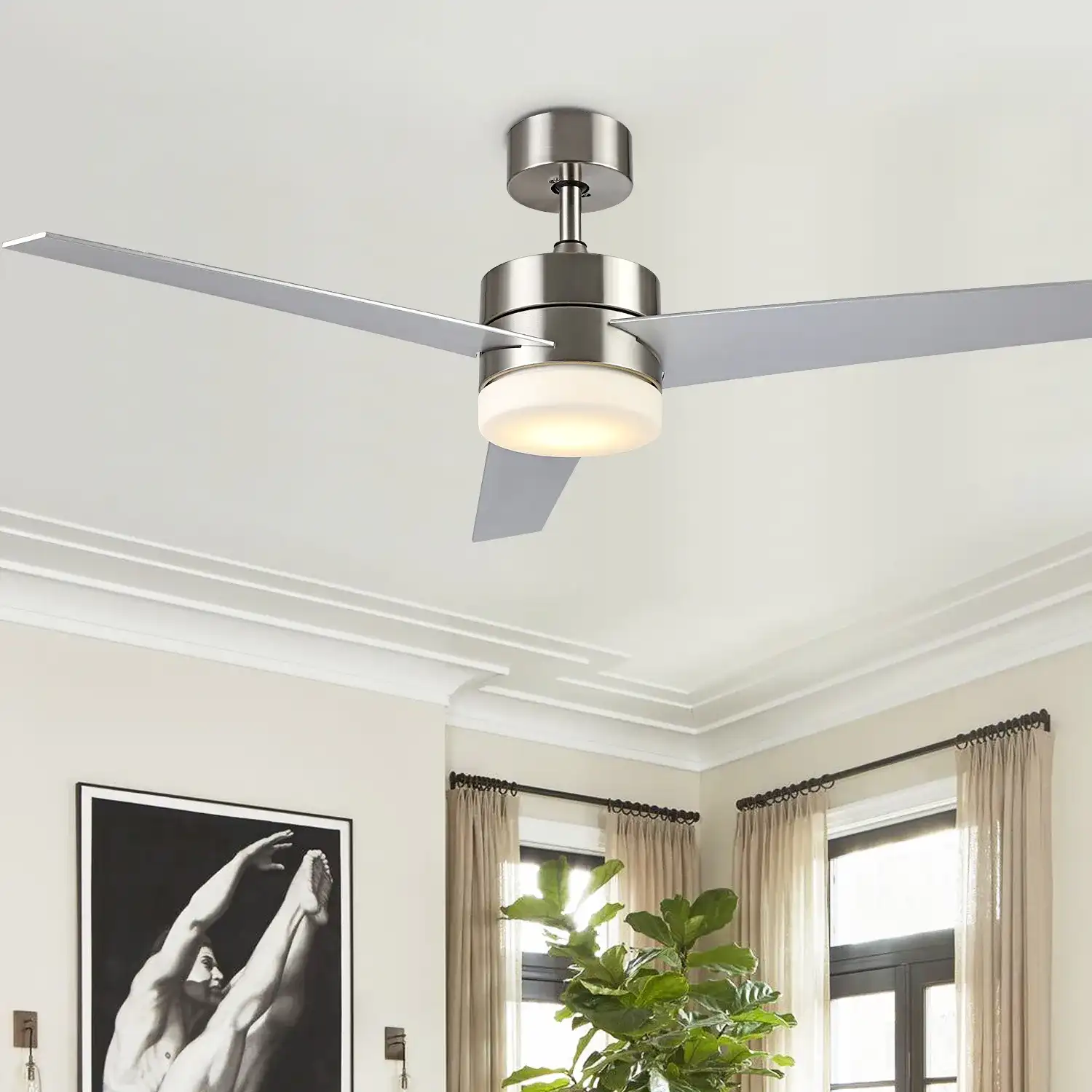Radcliff Led Ceiling Fan in Nickle in a styled room