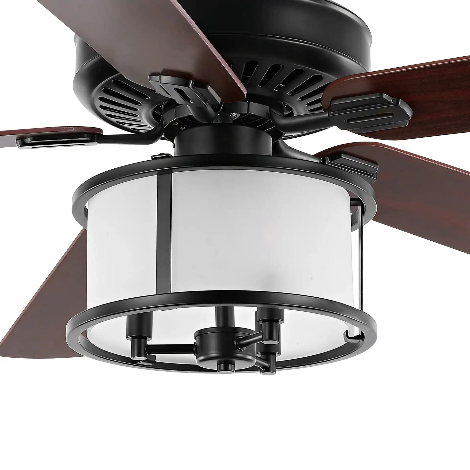 Kristos Three-Light Ceiling Fan in Black in a styled room