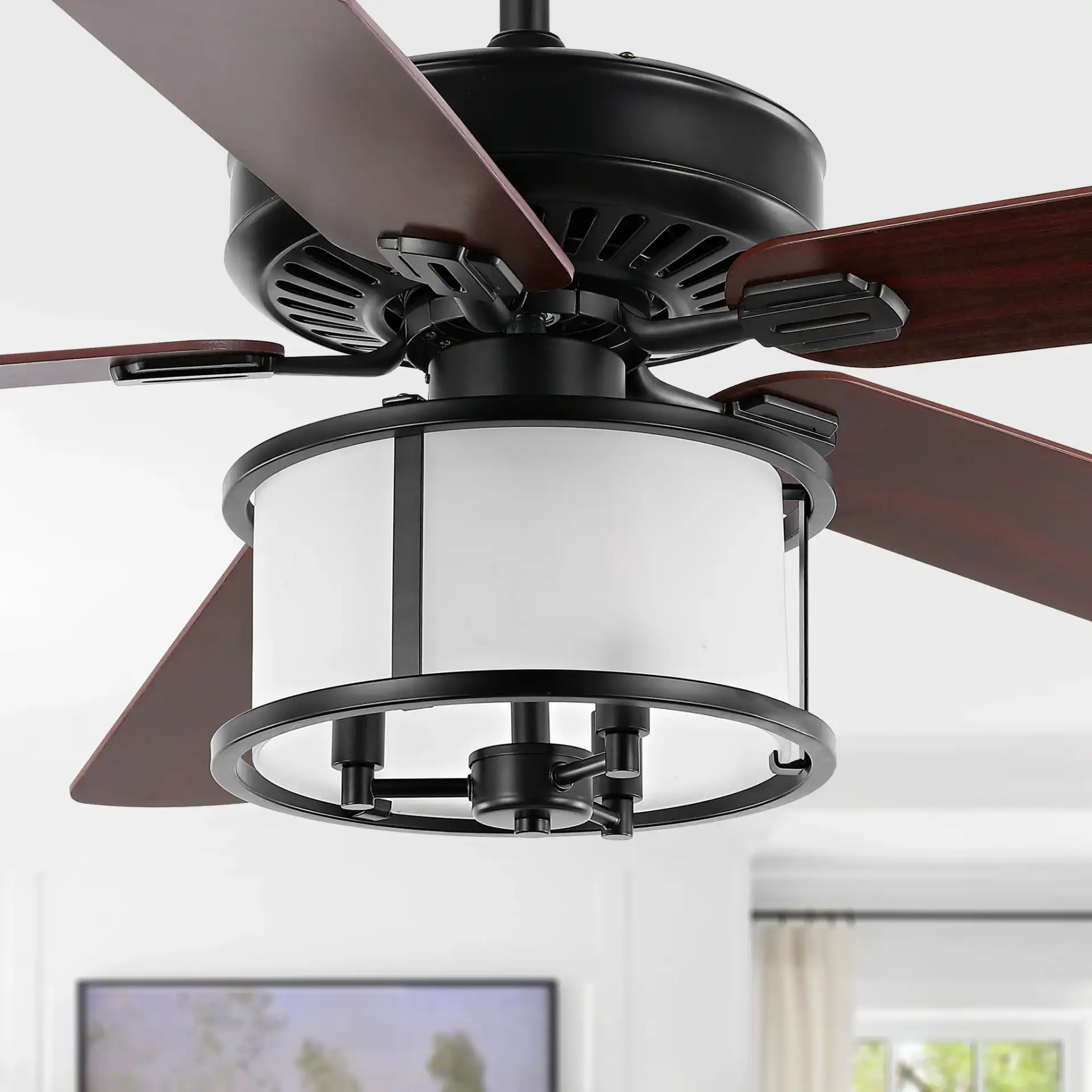 Kristos Three-Light Ceiling Fan in Black, detail view