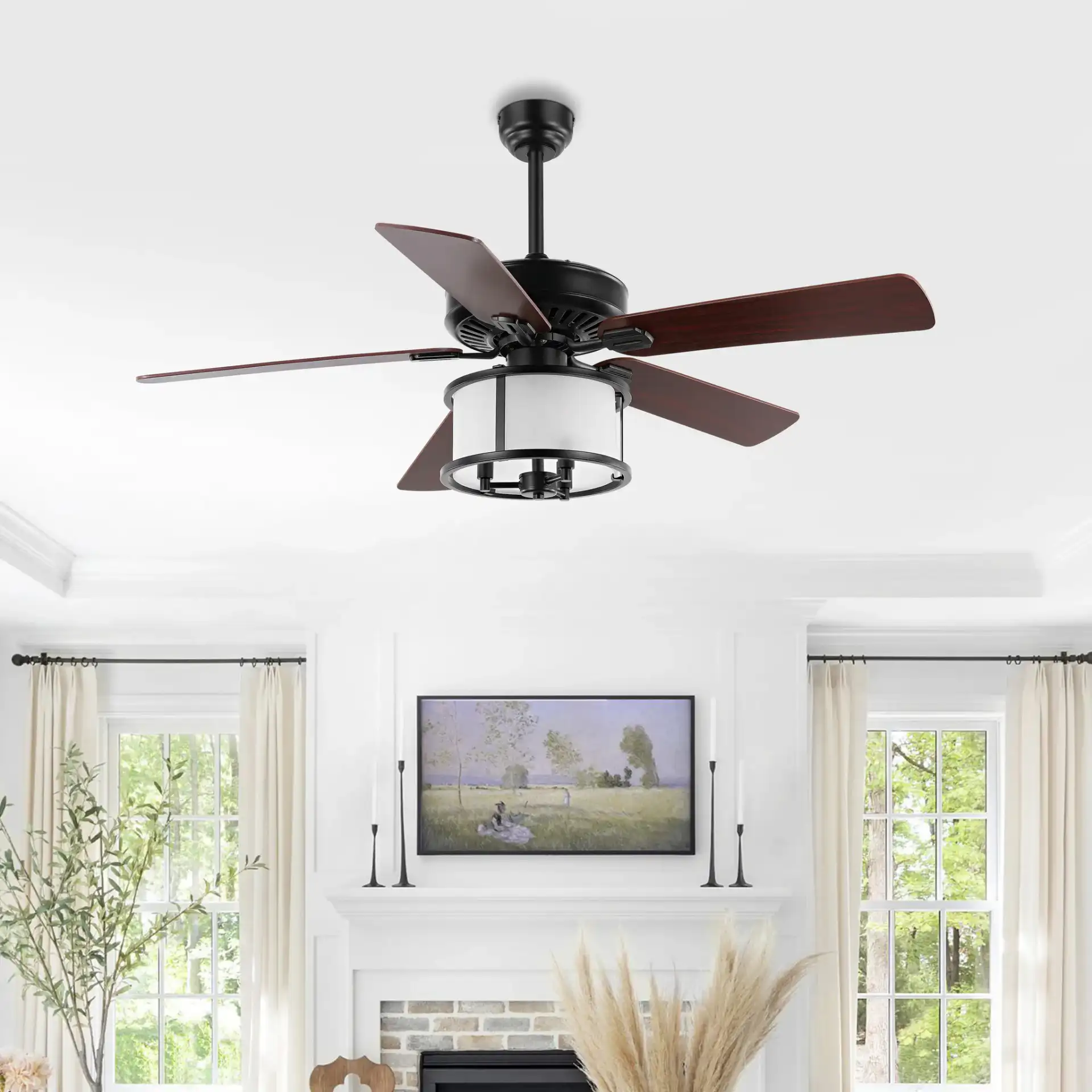Kristos Three-Light Ceiling Fan in Black in a styled room