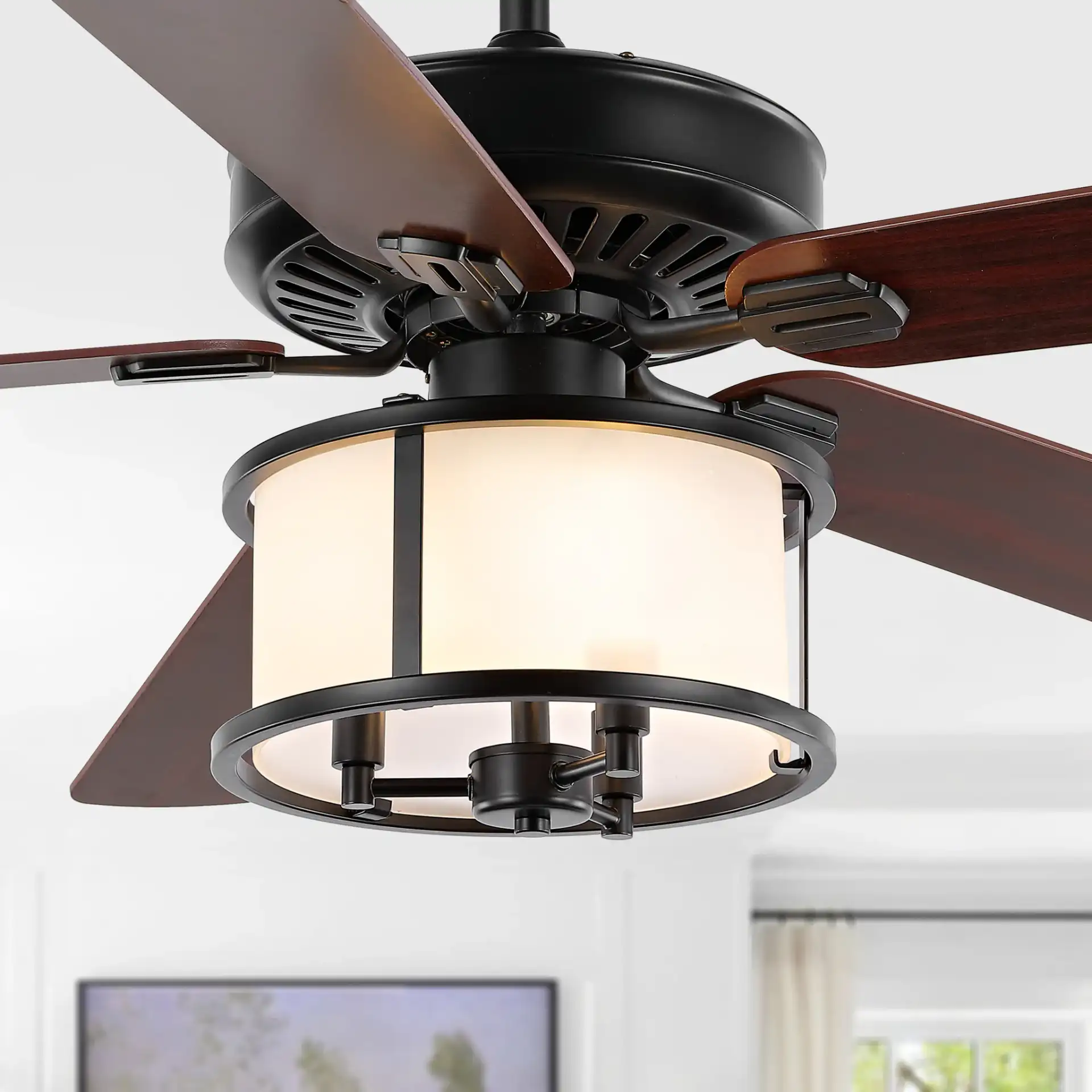 Kristos Three-Light Ceiling Fan in Black in a styled room