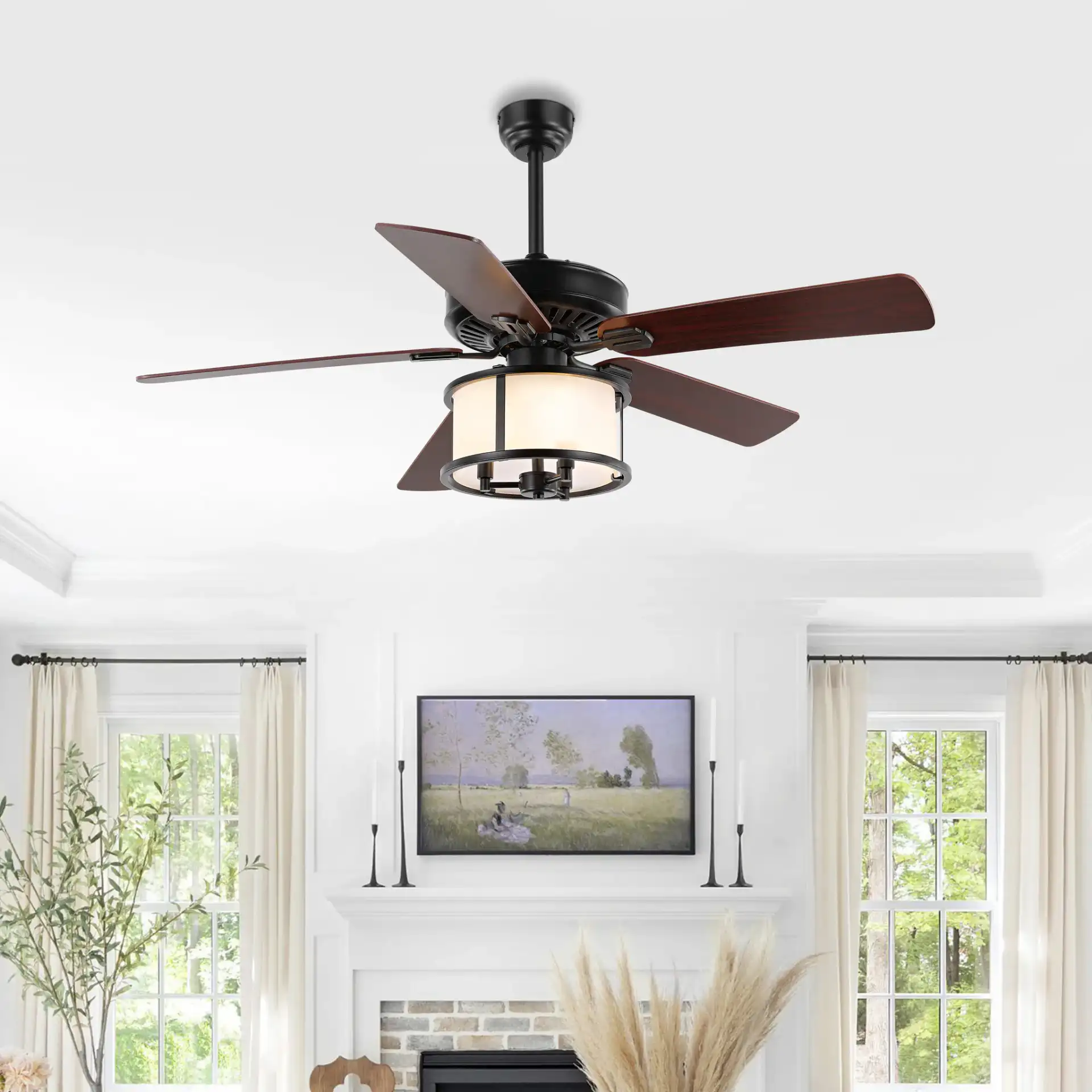 Kristos Three-Light Ceiling Fan in Black in a styled room