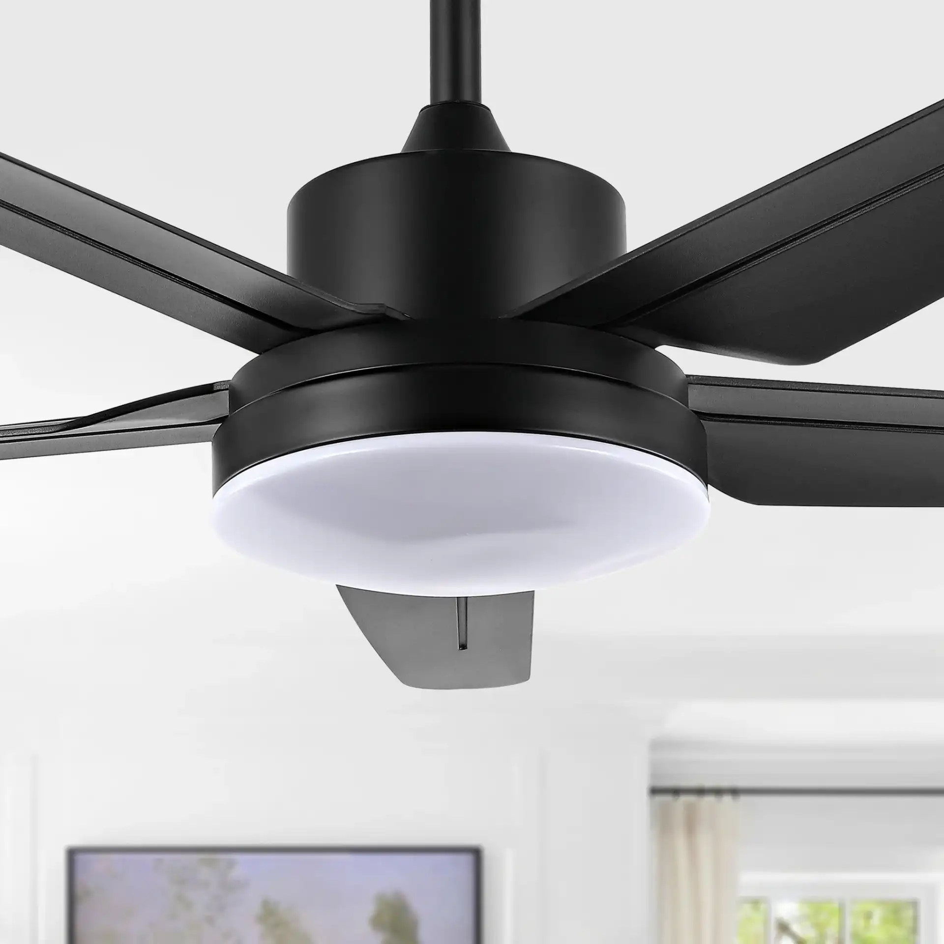 Melesa Led Light Ceiling Fan in Black in a styled room