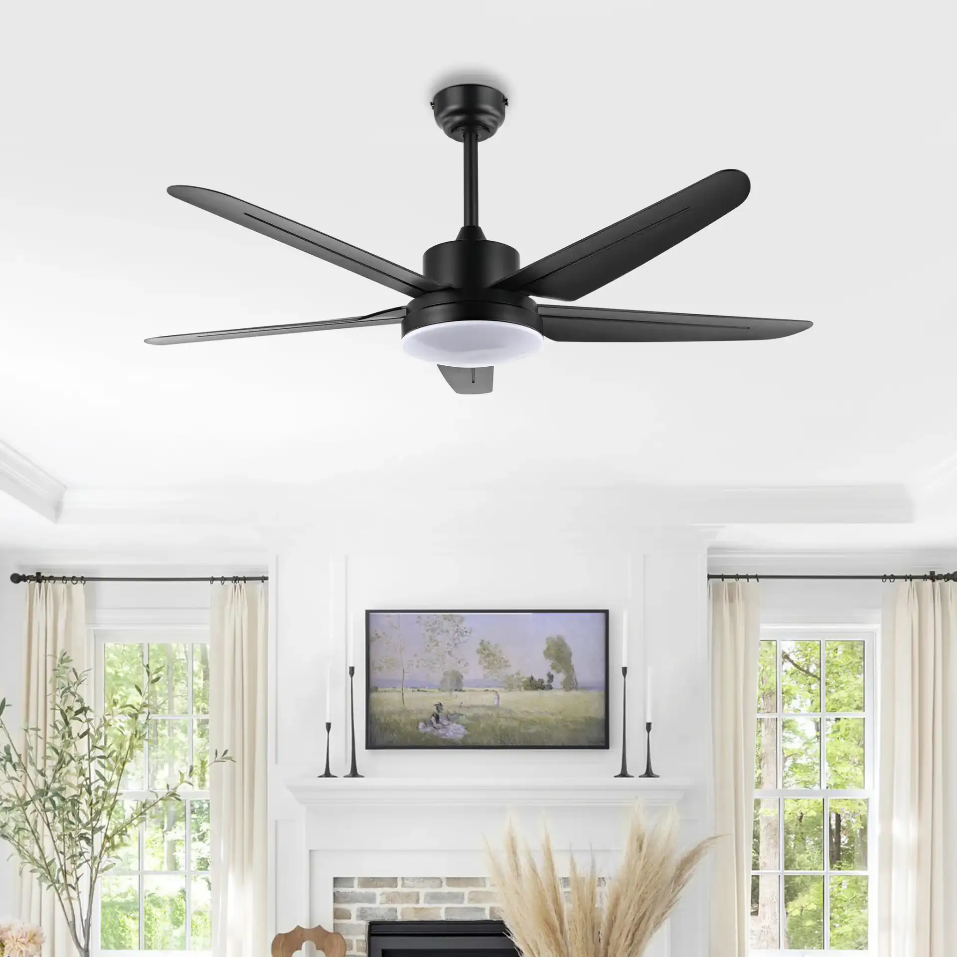 Melesa Led Light Ceiling Fan in Black in a styled room