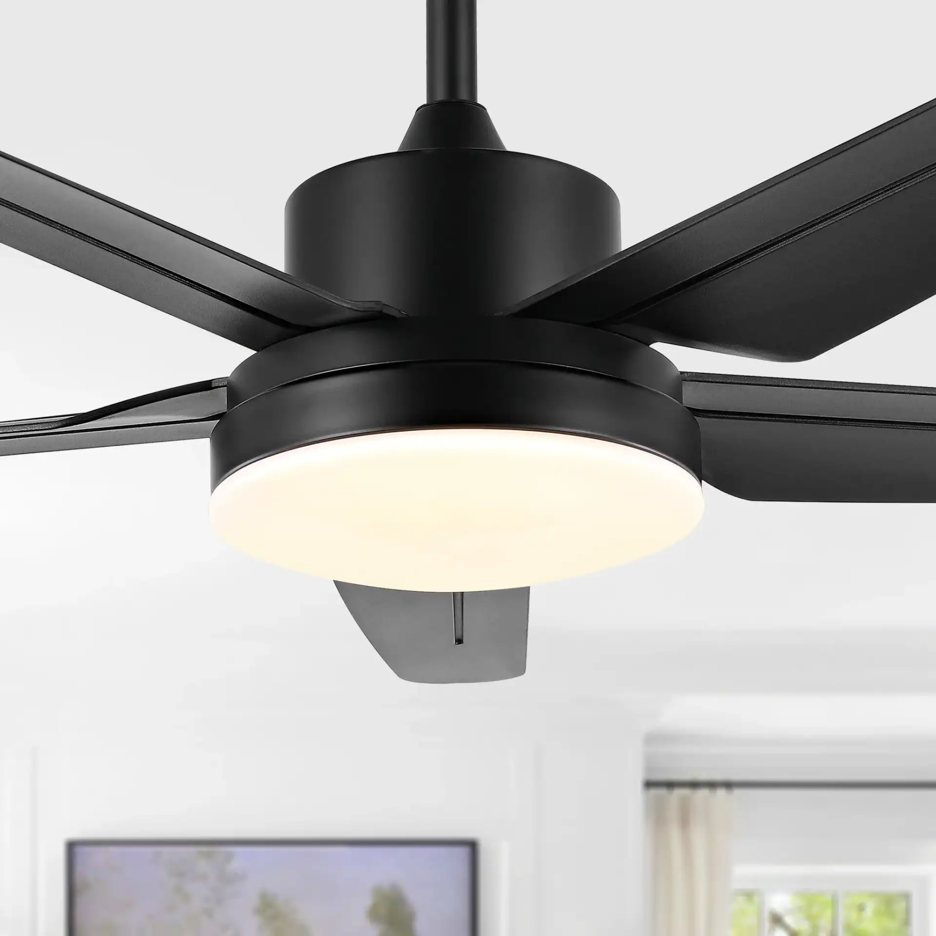 Melesa Led Light Ceiling Fan in Black in a styled room