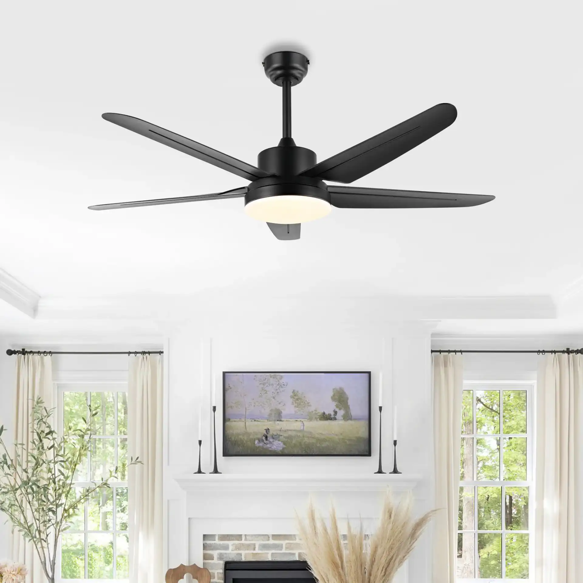 Melesa Led Light Ceiling Fan in Black in a styled room