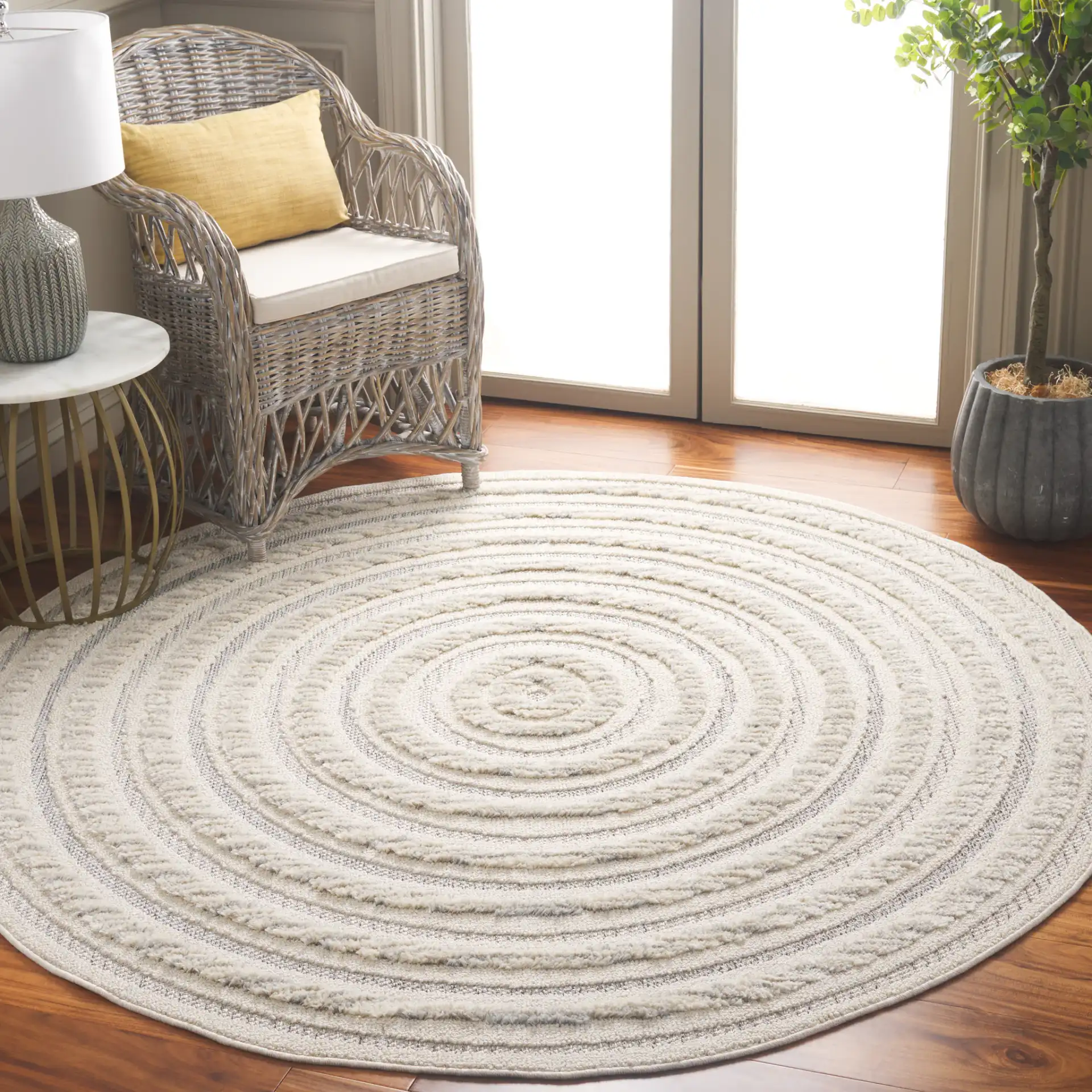 Chloe Concentric Square Rug in Ivory / Gray in a styled room